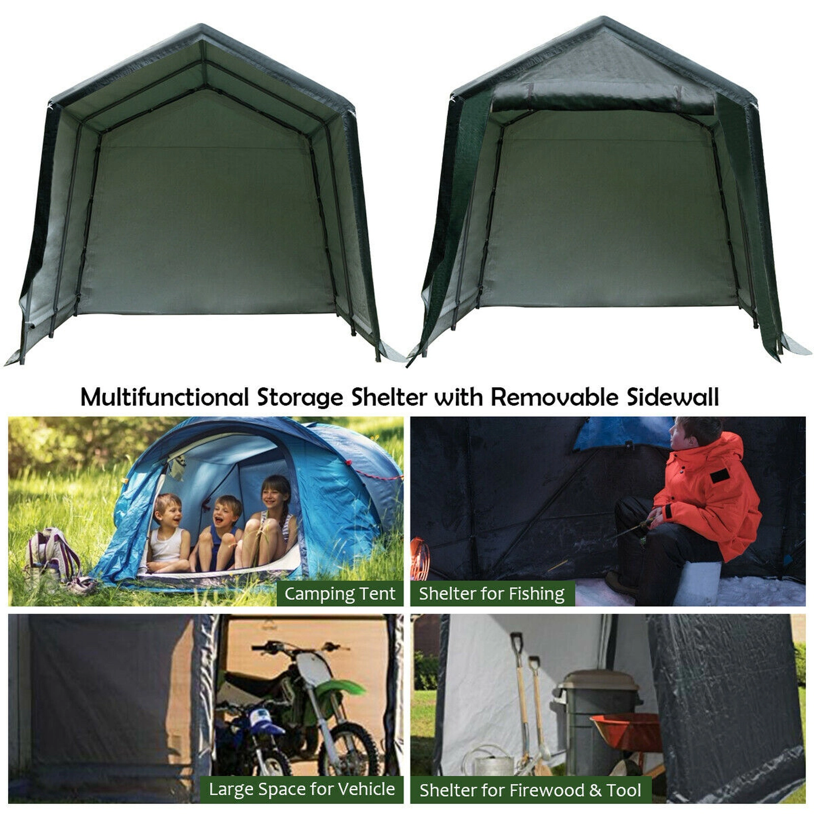 SUGIFT Green Outdoor Ripstop Carport Storage Tent with Zippered Door and Sidewalls 8-ft W 14-ft D 7.6-ft H