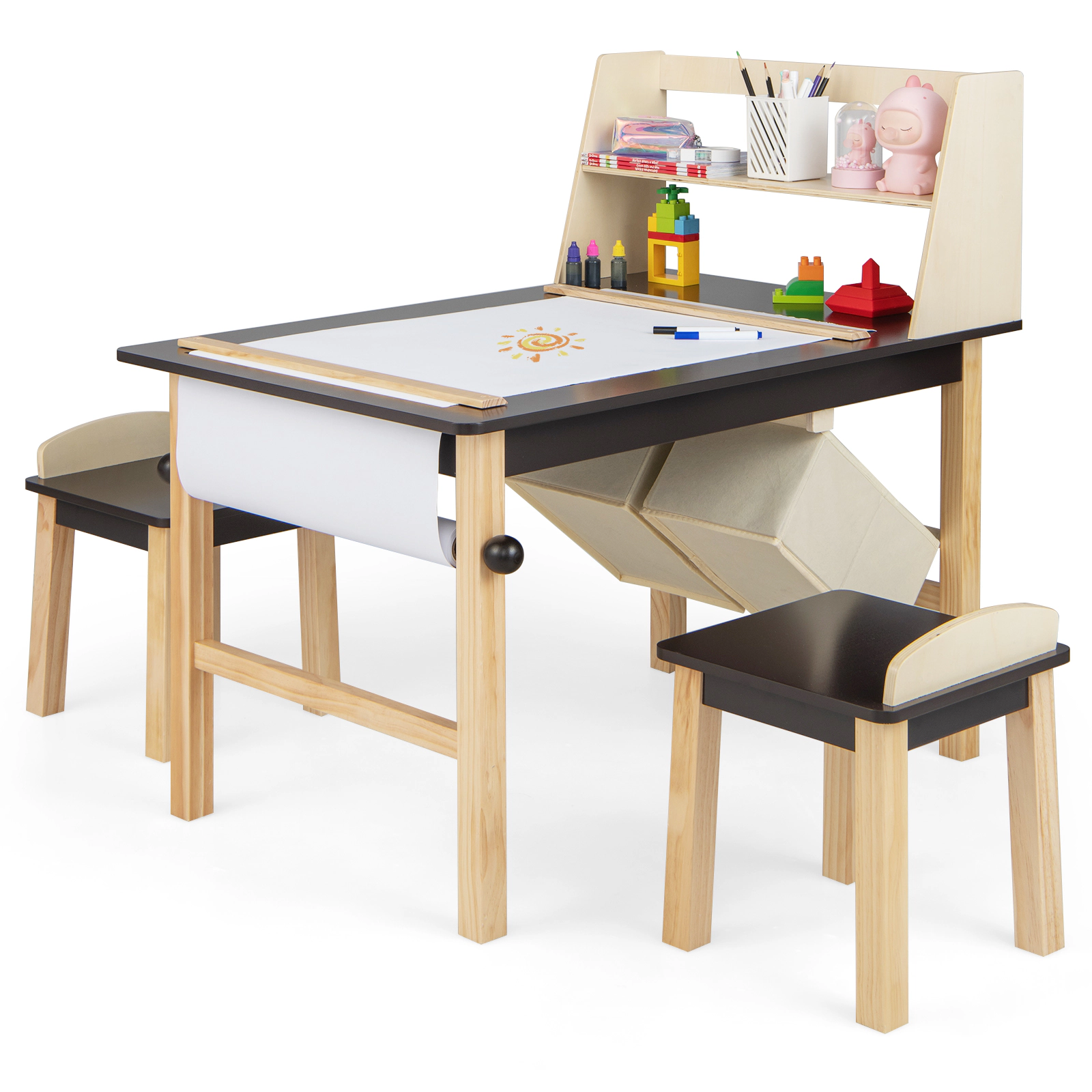 SUGIFT Kids Art Table and 2 Chairs Set Coffee with Paper Roll and Storage Bins