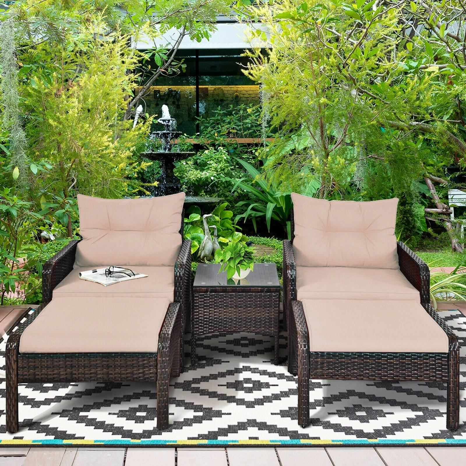 SUGIFT 5 Piece Patio Rattan Wicker Sofa Set Beige with 2 Ottomans and Glass Table
