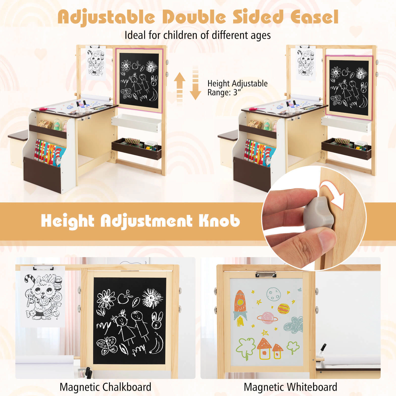 SUGIFT Kids Art Center Wooden Table Bench Set with 110-lb Tabletop and Bench Capacity Ages 3+ 45-in Tall Brown/Gray/Pink