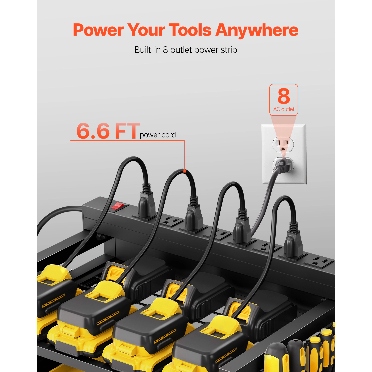 HONGGE Tool Organizer Cart with Charging Station 8 AC Outlet Floor Stand Rolling Drill Holder and Tool Battery Storage