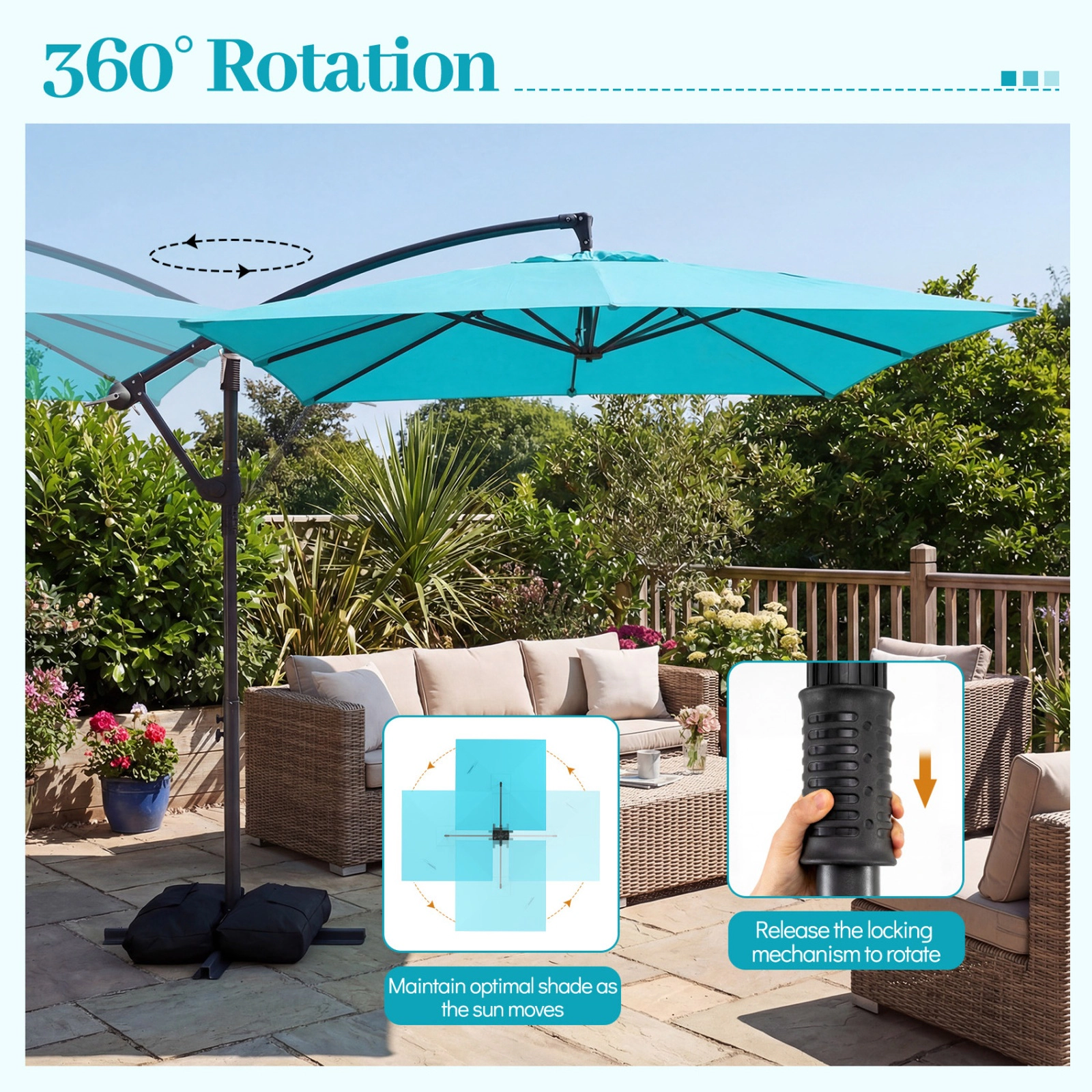 SUGIFT 8 x 8-ft Offset Cantilever Square Patio Umbrella 360° Rotation Double-Tier Canopy 116-lb Base Capacity Turquoise