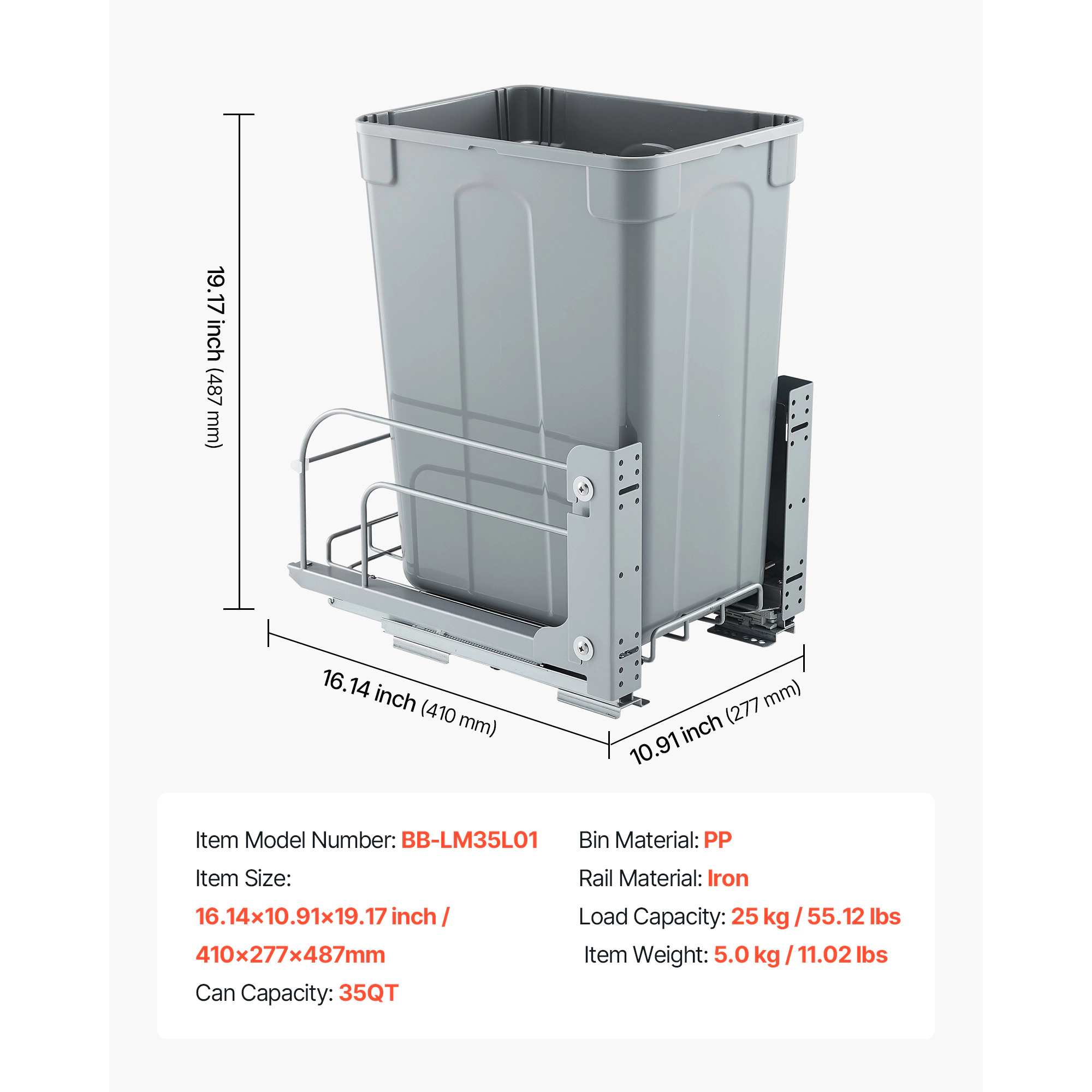 HONGGE Pullout Trash Can for Kitchen Cabinets 35 QT Garbage Waste Recycling Bin Under Mount Waste Container with Heavy