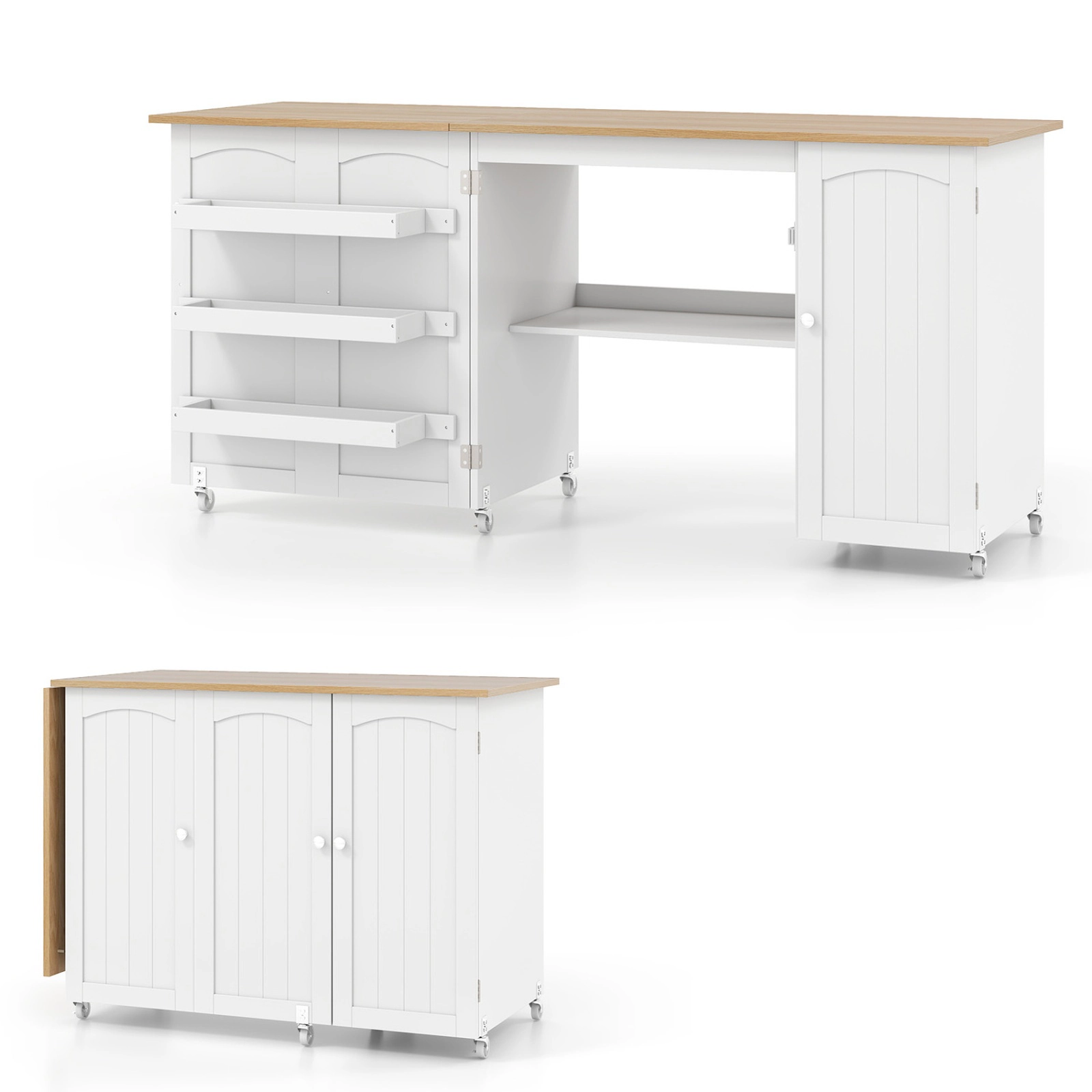 SUGIFT Folding Large Sewing Table Desk with Storage Shelves and Lockable Casters White Natural