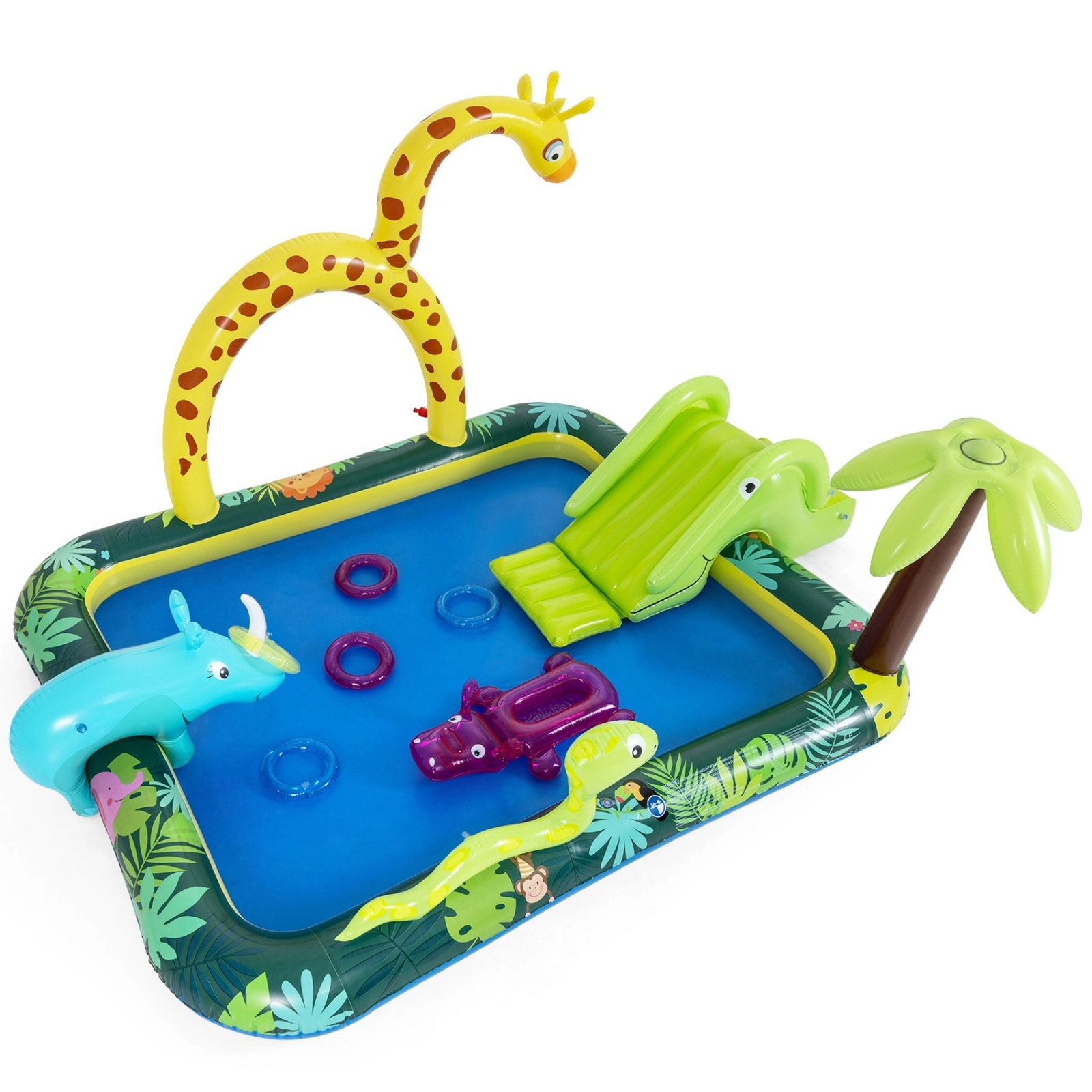 SUGIFT Giraffe Sprinkler and Ring Toss Game Kids Inflatable Jungle Spray Pool with Slide