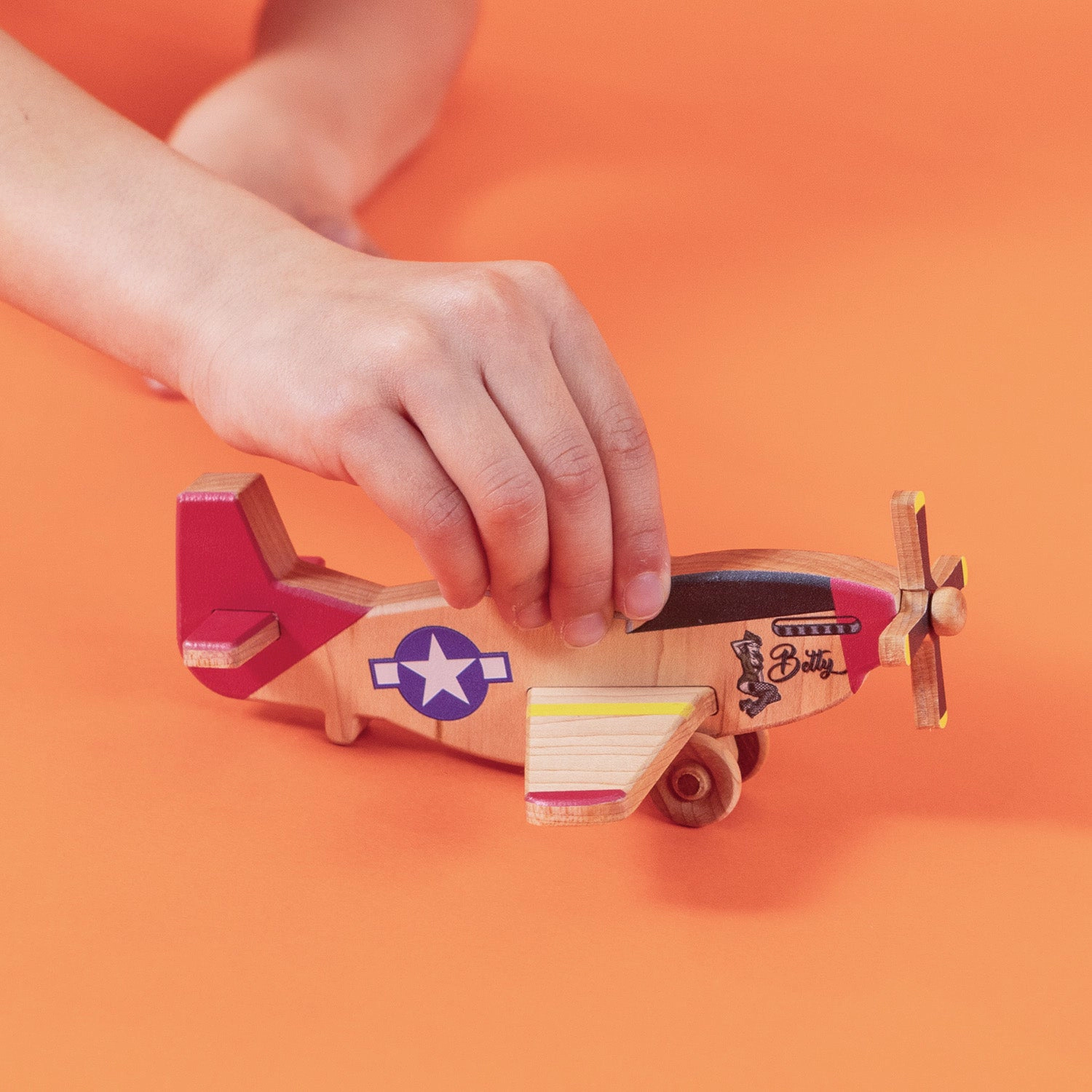 Miller Boys Vintage Toys P-51 Mustang Wooden Airplane - Betty Pinup, Maple, Montessori, Made in USA