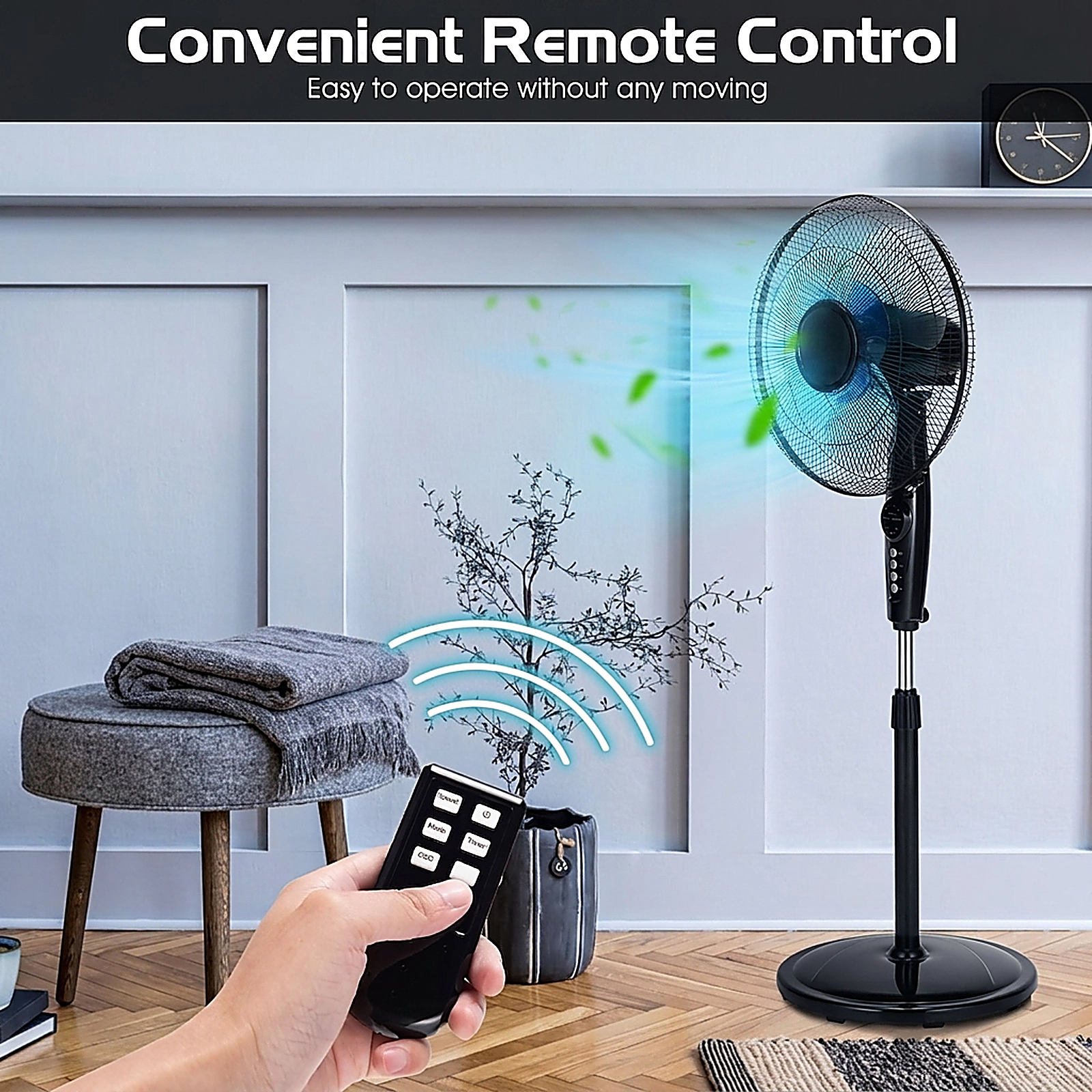 SUGIFT 16-in Black Oscillating Pedestal Stand Fan with Remote and Dual Blades 18-in W 16-in D 53-in H