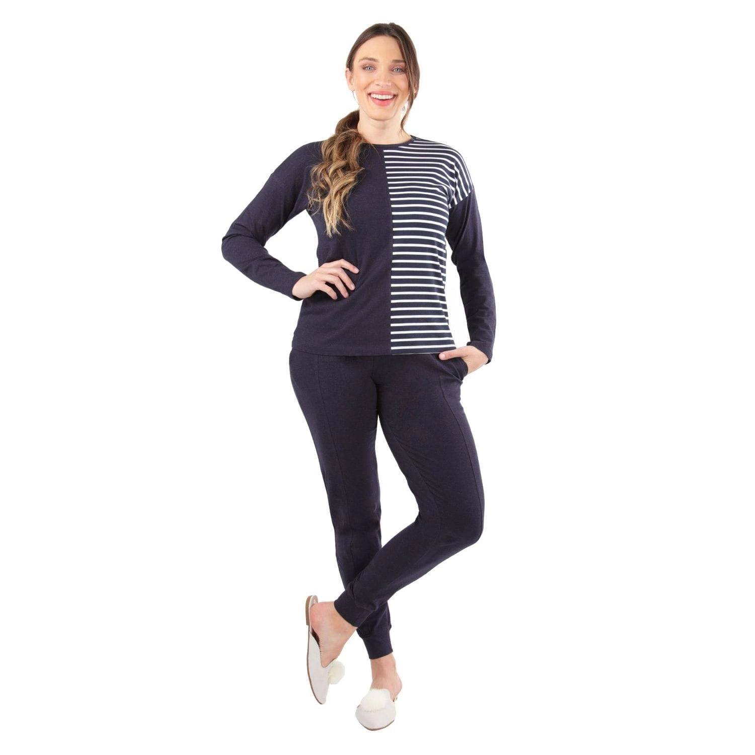 MeMoi Women's 100% Cotton Breton Stripe Two Tone Pajama Set