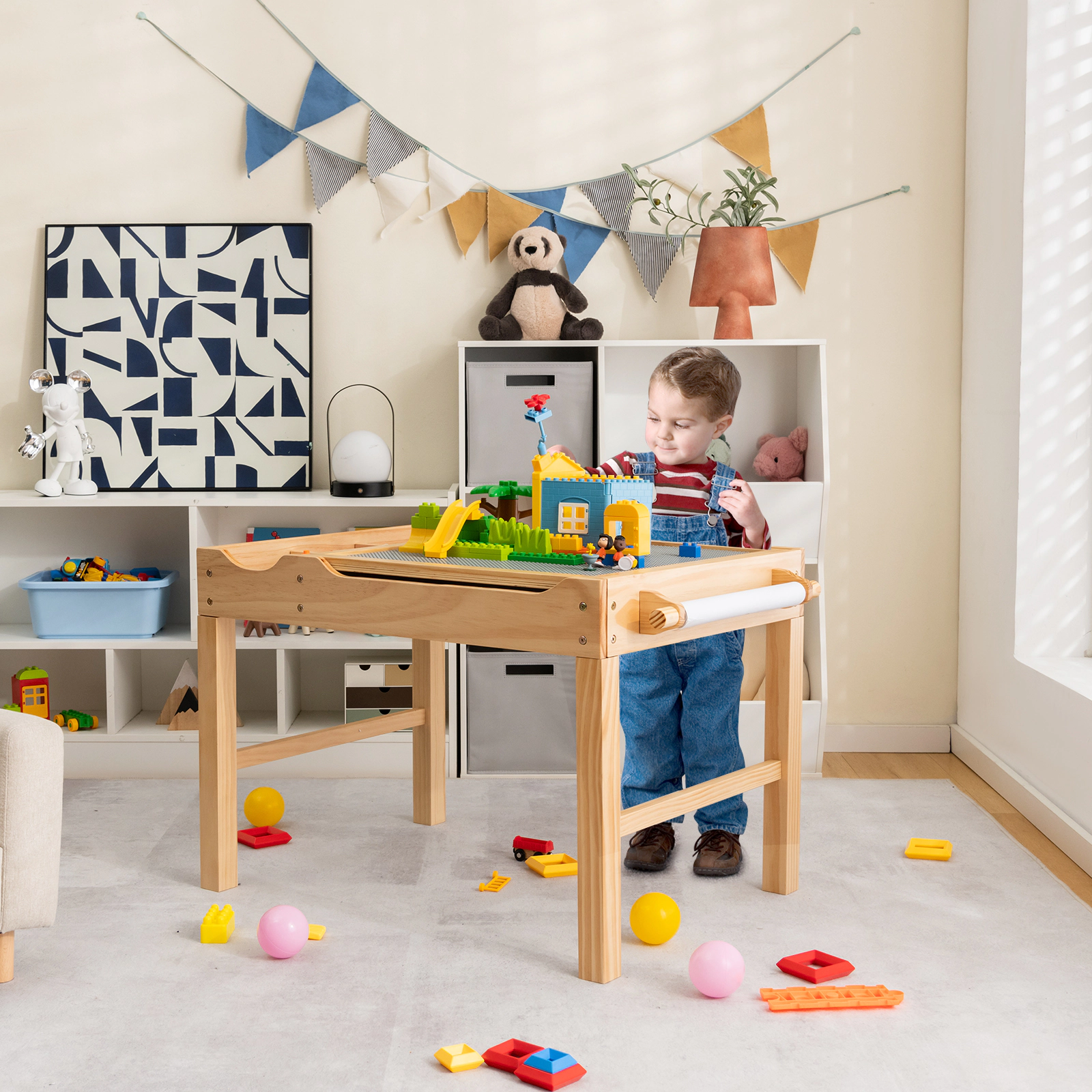 Hivvago Kids Multi Activity Play Table Wooden Building Block Desk With Storage Paper Roll