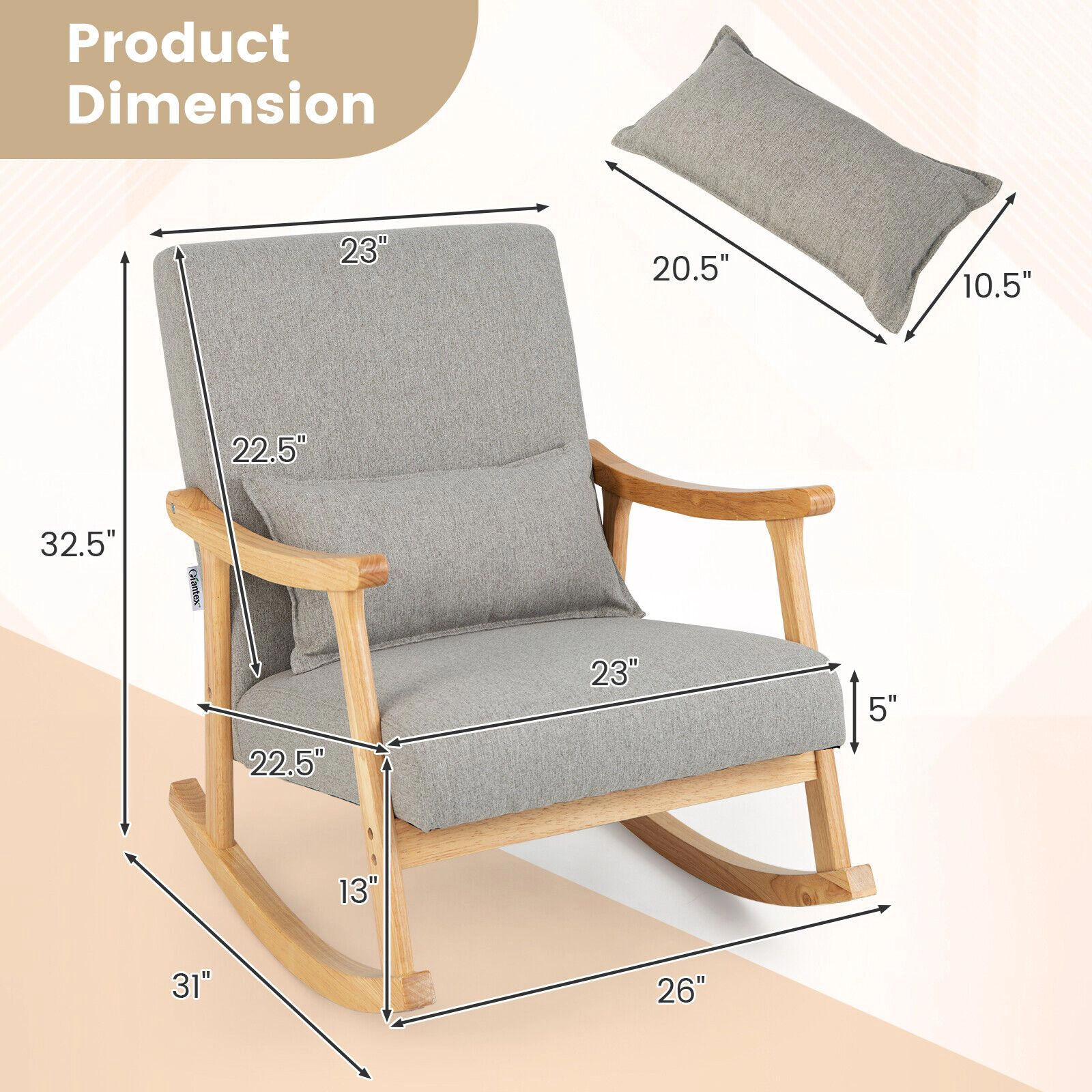 SlickBlue Gray Rocking Chair with Faux Linen Seat & Rubber Wood Frame