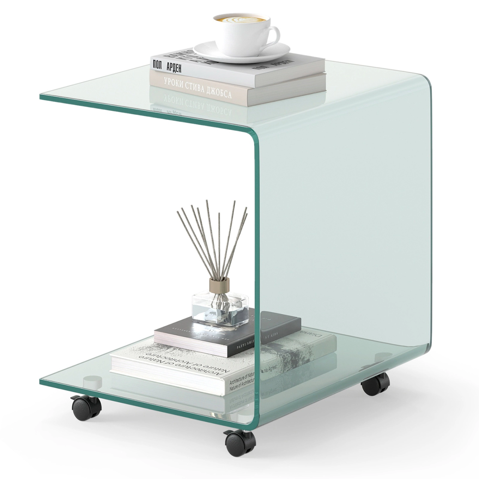 SUGIFT 2-Tier Clear Tempered Glass Rolling Side Table with Locking Casters