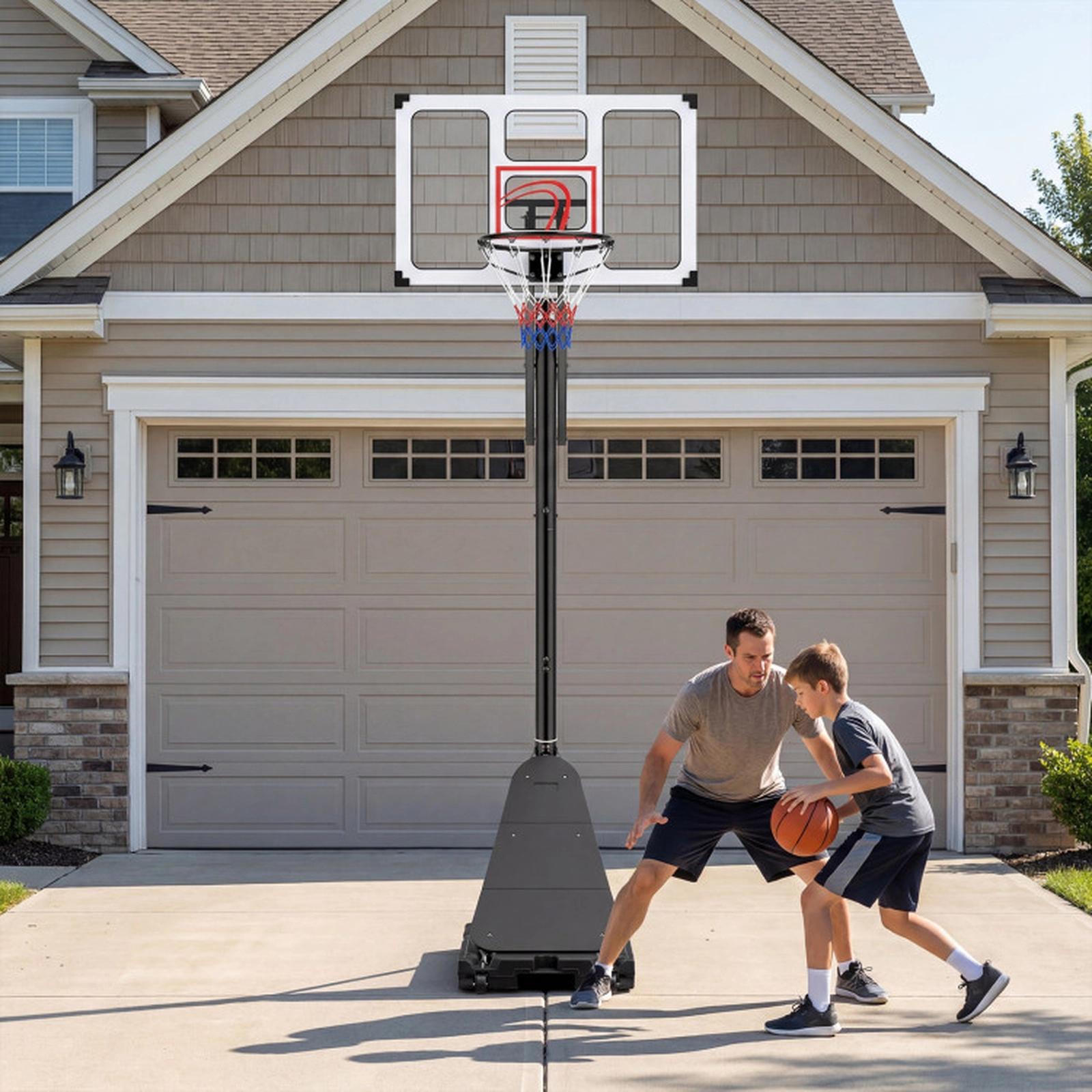 SUGIFT 4.9-10 ft Adjustable Basketball Hoop System with 43 x 27 in Backboard Fillable Base and Ball Storage Black