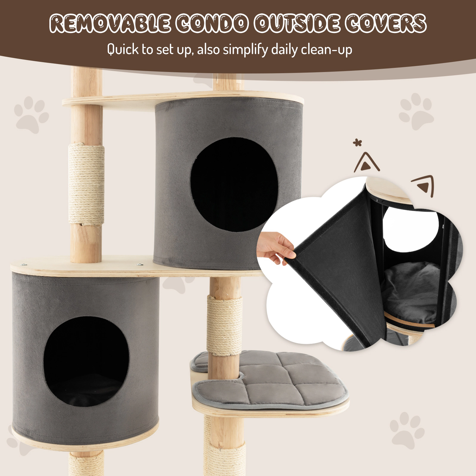 SUGIFT 6-Tier Wooden Cat Tree with 2 Removable Condos Platforms and Perch 35-lb Capacity 75-in Tall Natural & Gray