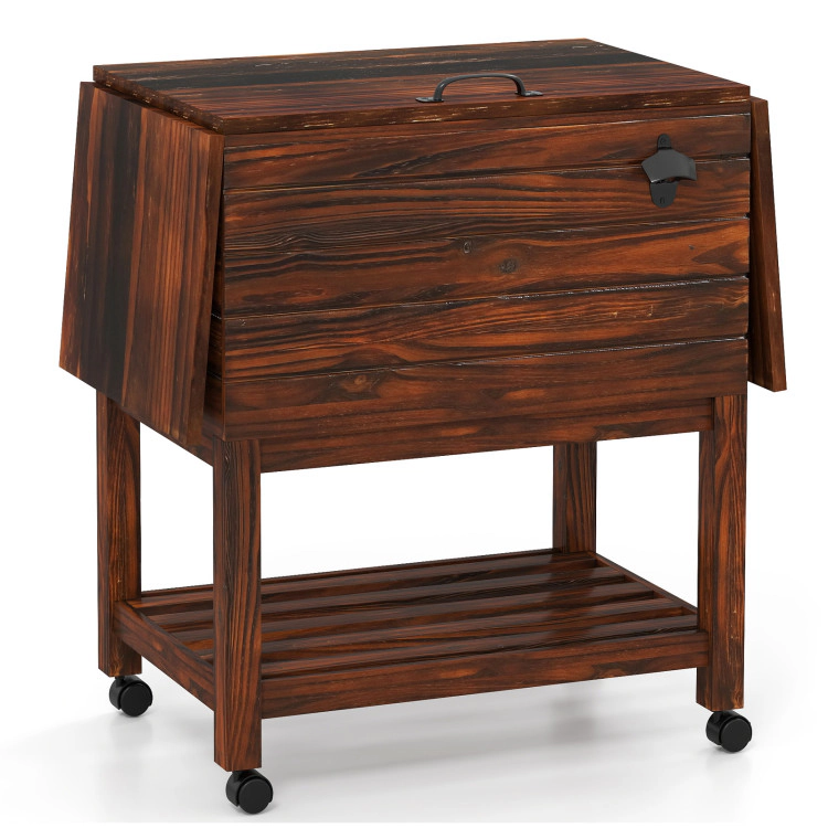 SUGIFT 54-qt Rustic Brown Wooden Rolling Cooler Cart Ice Chest with Bottle Opener and Lockable Wheels