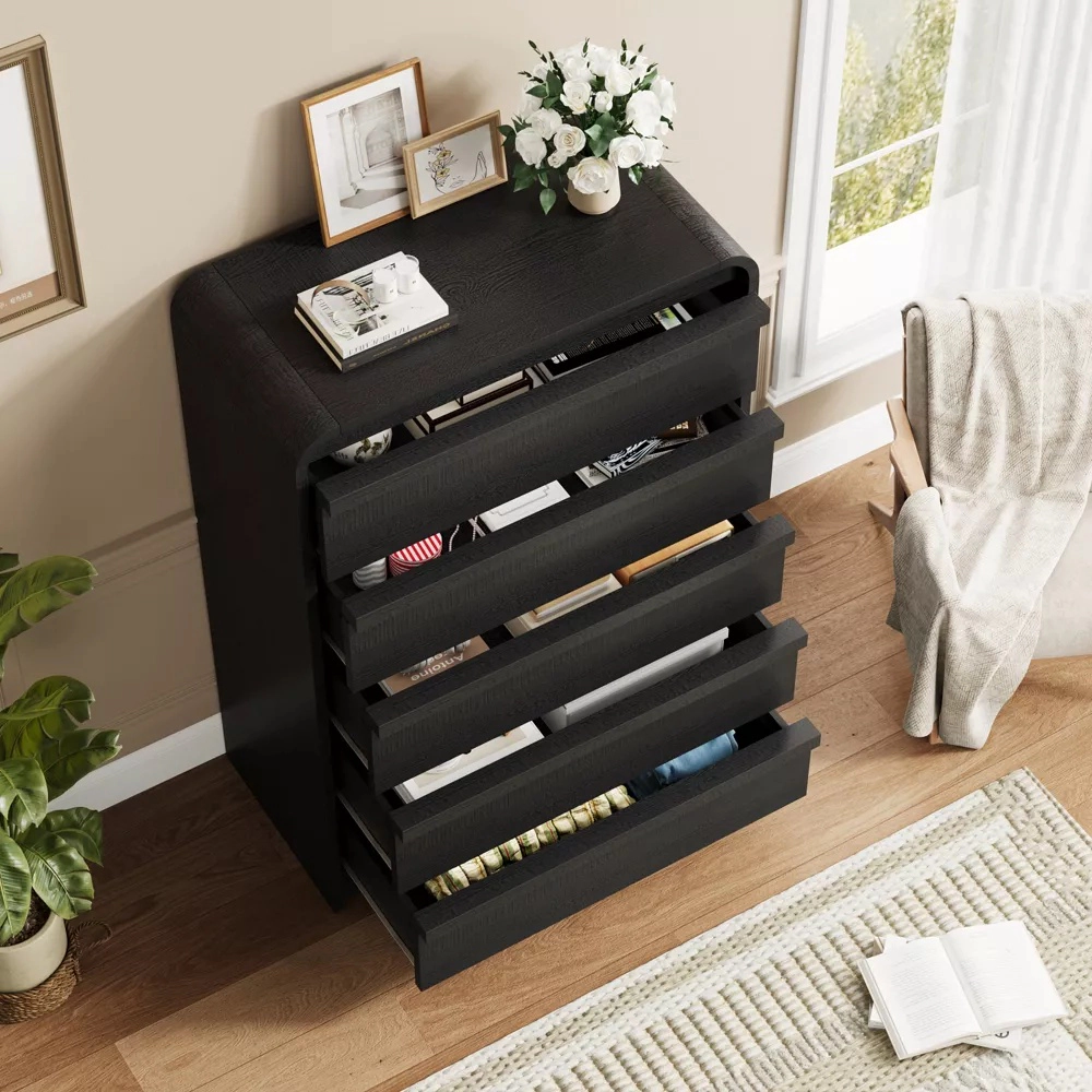 Arched 5 Drawer Wood Dresser with Curved Profile, Modern Storage Chest