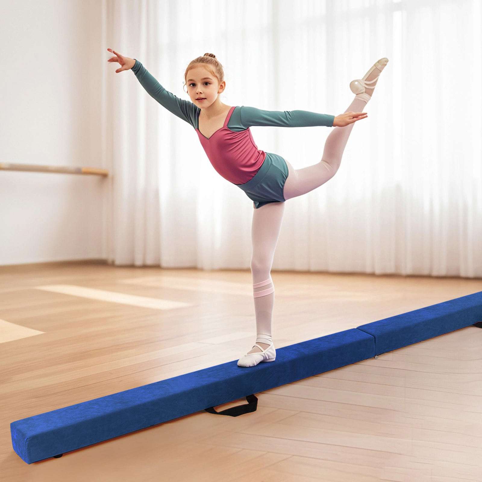 SUGIFT Blue 8-ft 160-lb Capacity Folding Gymnastics Balance Beam with Solid Wood Base and Two Carry Handles