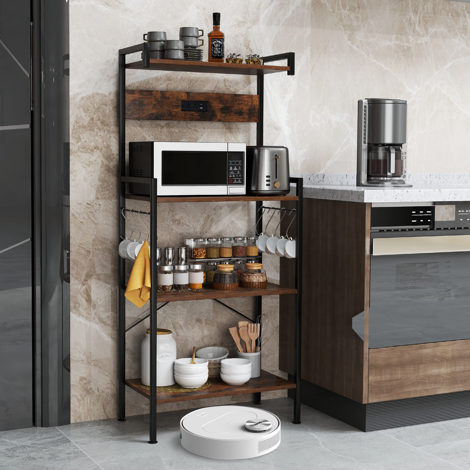 SUGIFT 4-Tier Kitchen Bakers Rack Shelving Unit with Power Outlet 55-lb Top Shelf Capacity 4-Shelf 8-Hook Rustic Brown