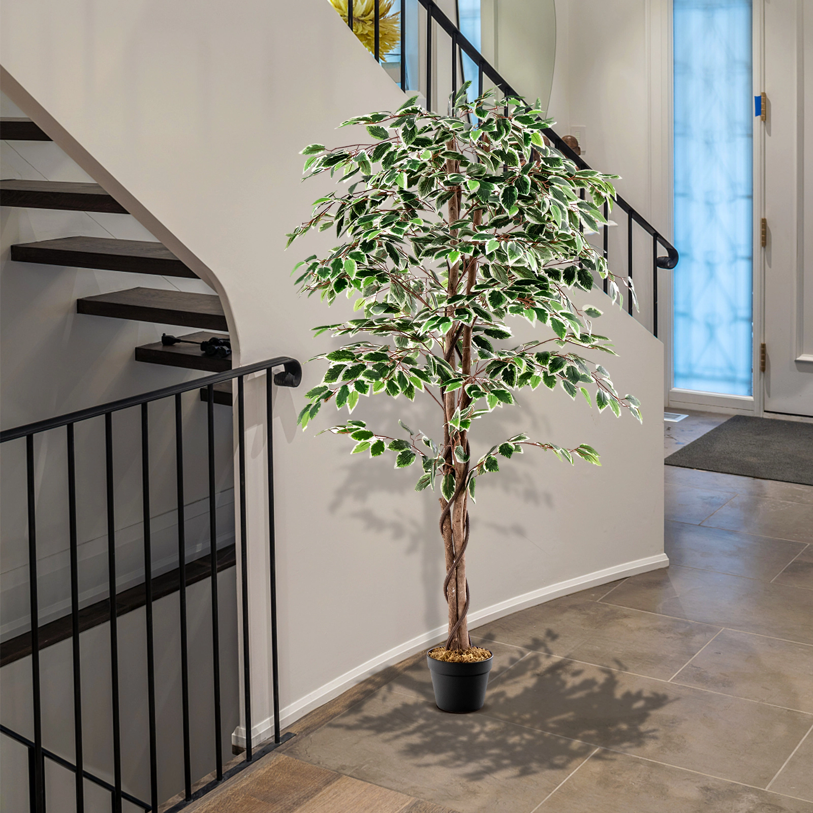 SUGIFT 65-in Tall Artificial Ficus Tree with 1008 White-Edged Leaves Solid Wood Trunk and Dried Moss