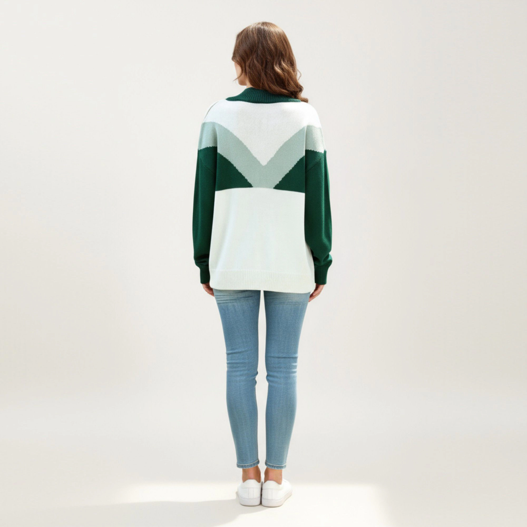 Anna-Kaci Women's Color Block Long Sleeve Knit Sweater with Button Collar and Ribbed Hem