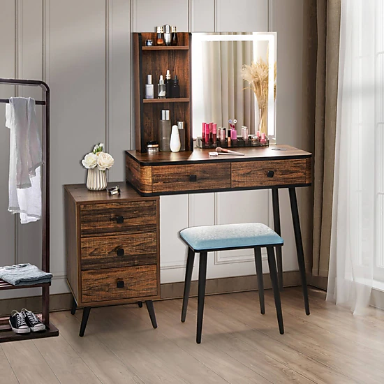 Hivvago Vanity Makeup Table Set With Lighted Mirror-Brown