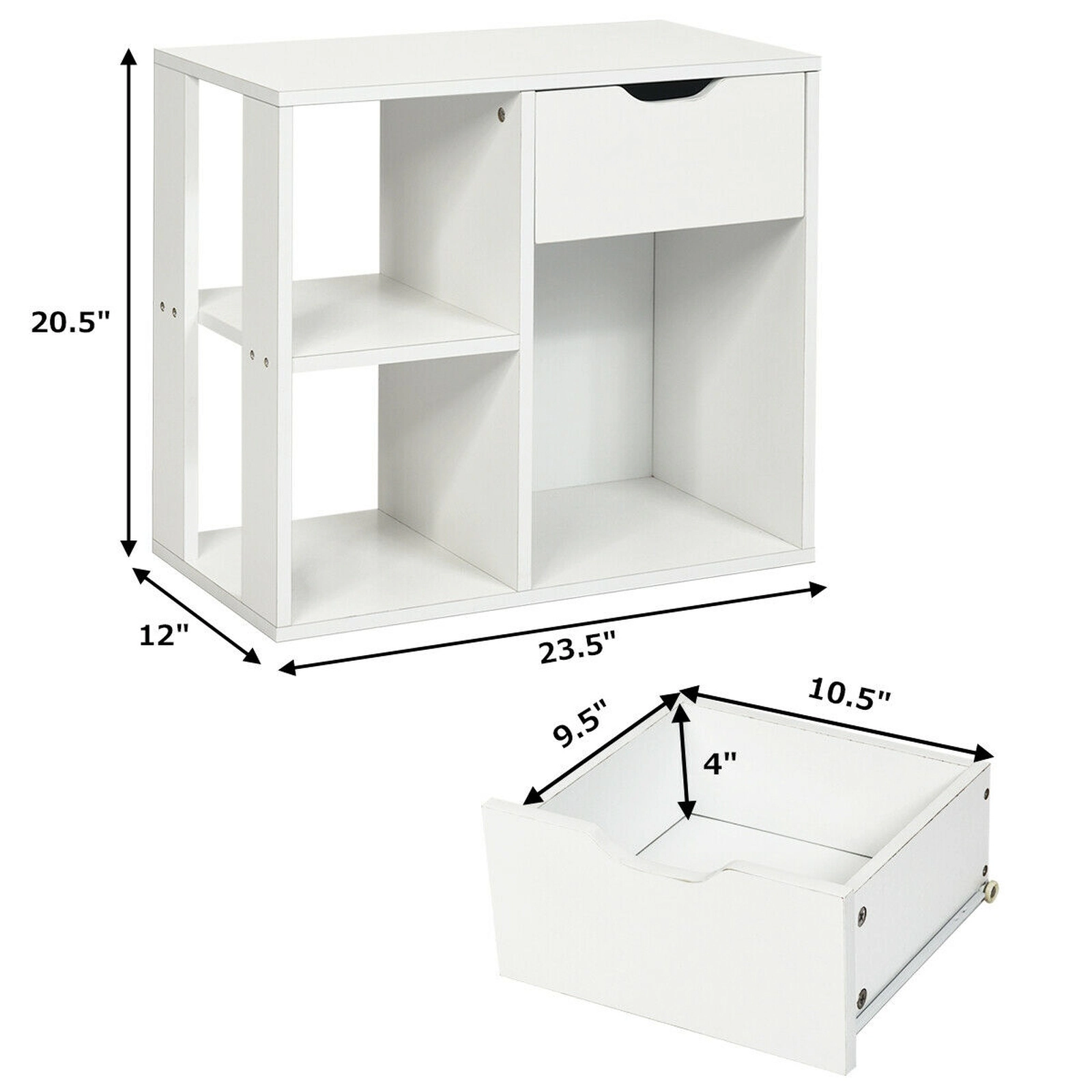 SUGIFT 3-Tier Bookcase Side Table with Drawer and Shelves 110-lb Top Capacity Rustic Brown / Black / White