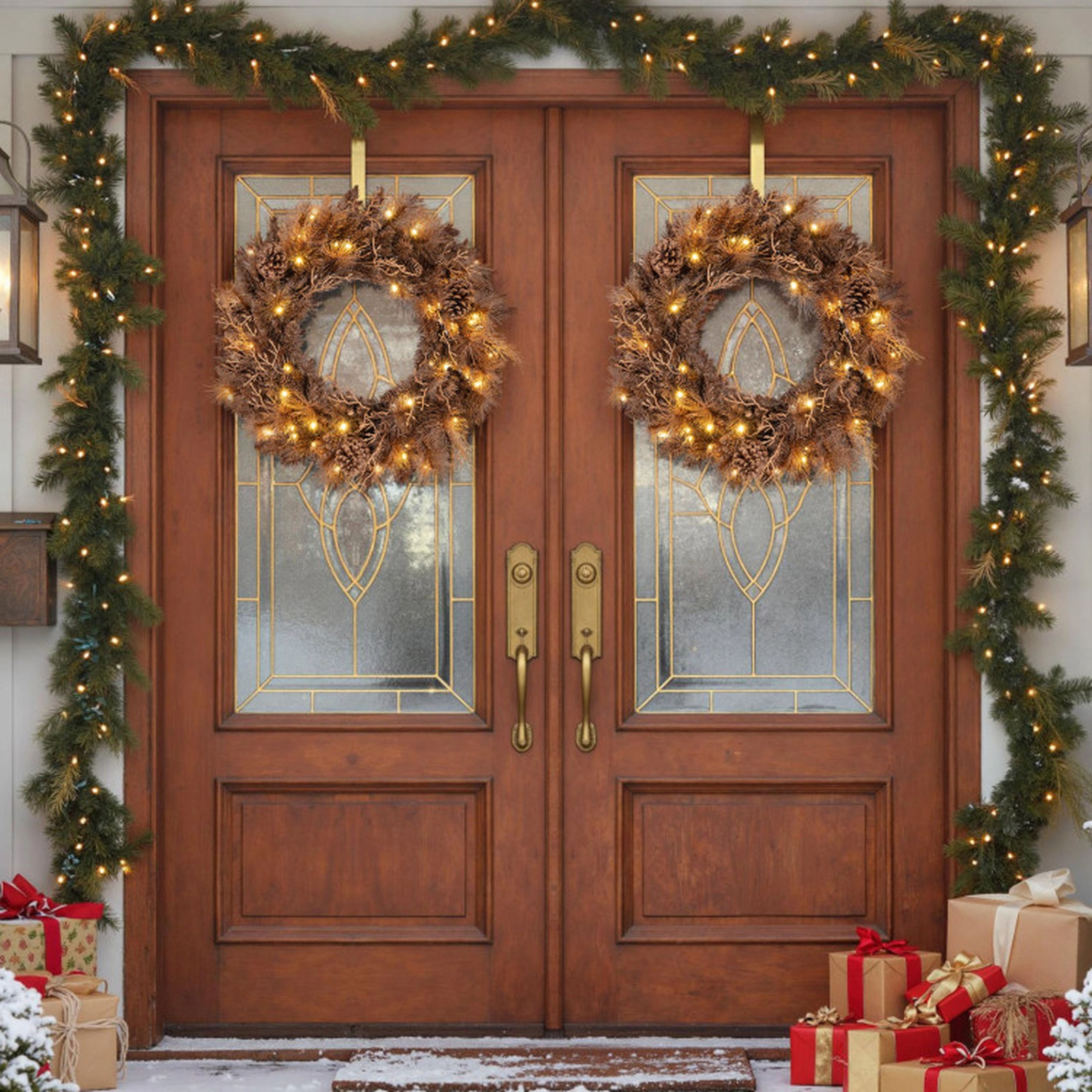 SUGIFT 24-in Pre-lit Christmas Wreath with 105 Branch Tips and 35 Warm White LED Lights Brown