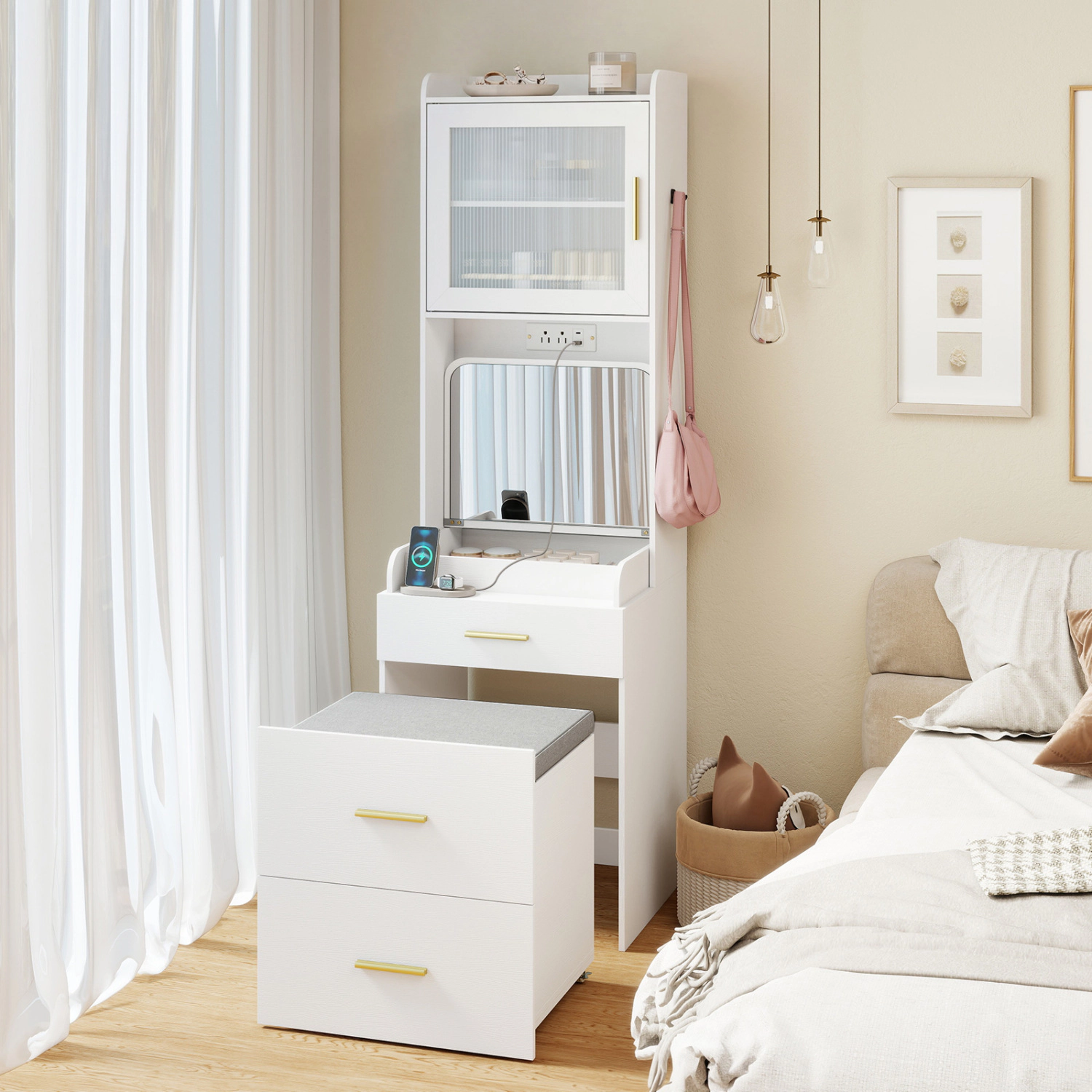 LJG Makeup Vanity with Power Outlets and Flip-Top Mirror and Storage Stool