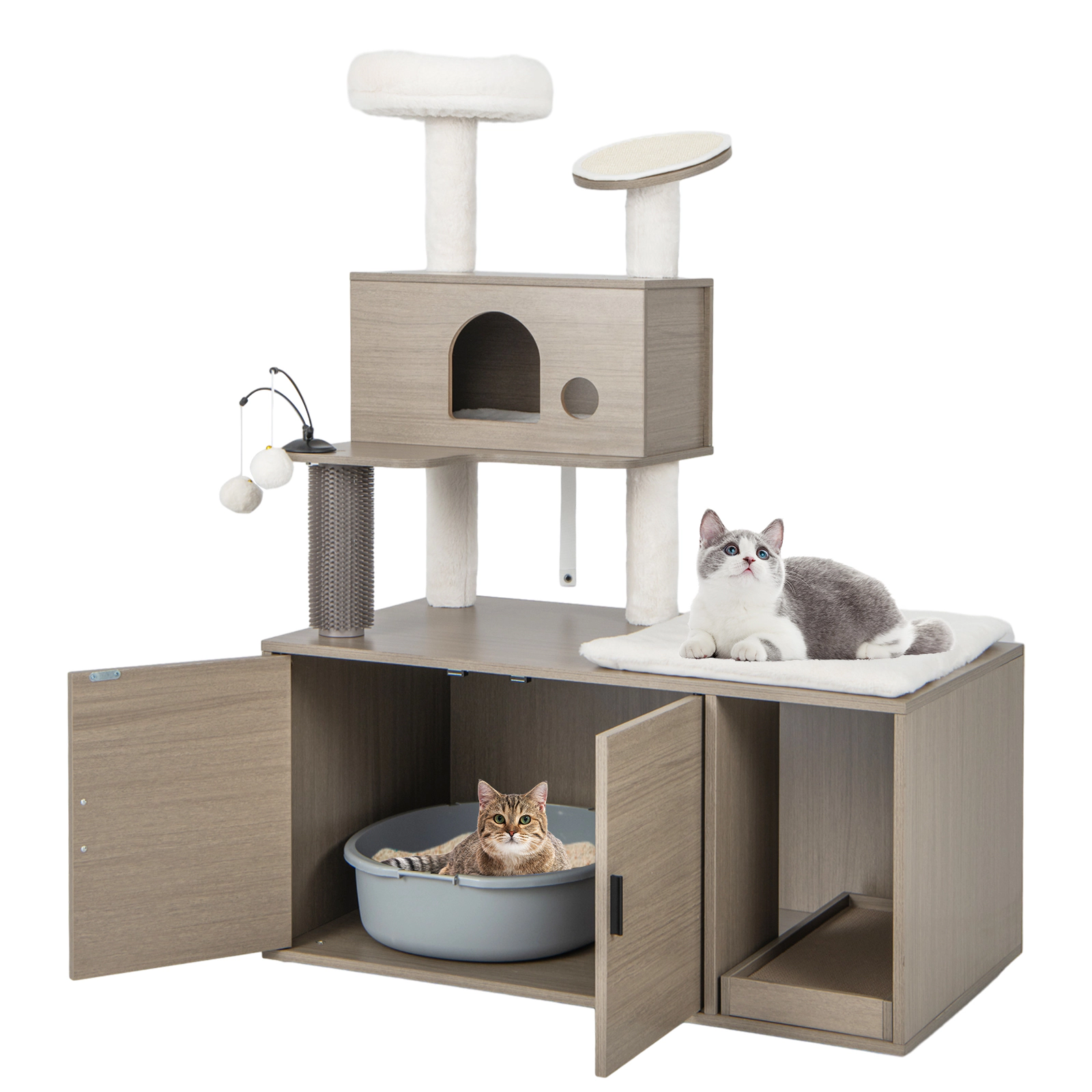 SUGIFT 2-in-1 Cat Tower Gray with Litter Box Enclosure Condo and Scratching Board