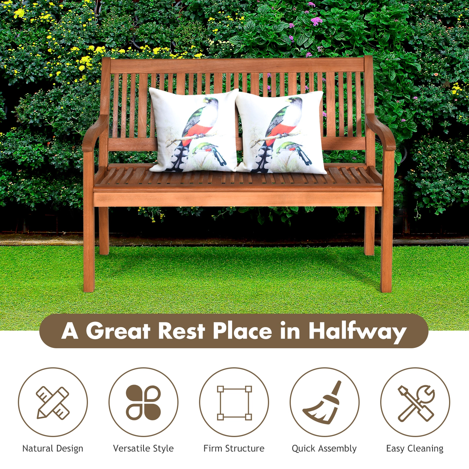 Hivvago Two Person Solid Wood Garden Bench With Curved Backrest And Wide Armrest