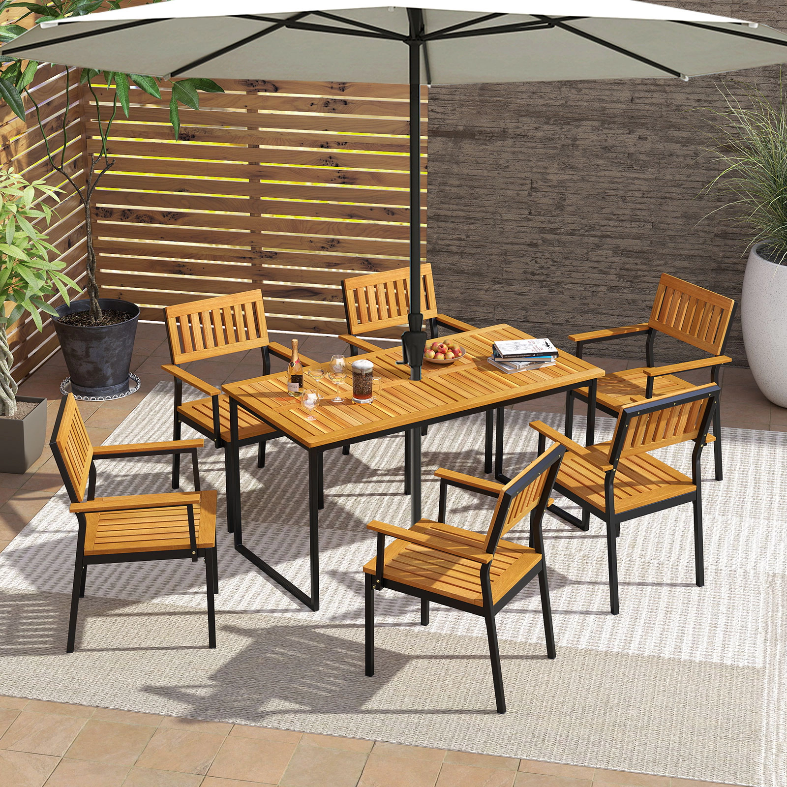 SUGIFT Solid Acacia Wood and Metal Patio Outdoor Dining Chair Set of 2 400-lb Capacity 22.5-in Wide Seat Natural+Black