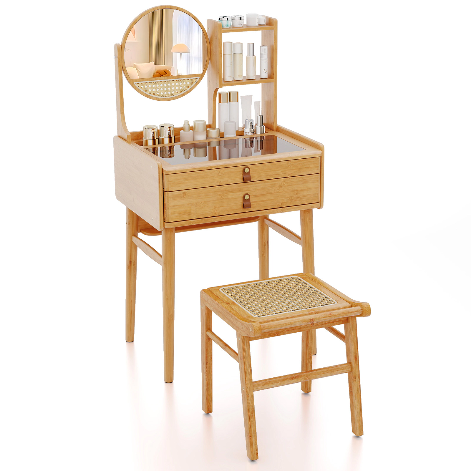 SUGIFT Small Bamboo Vanity Desk and Stool Set Natural with Mirror and 2 Drawers