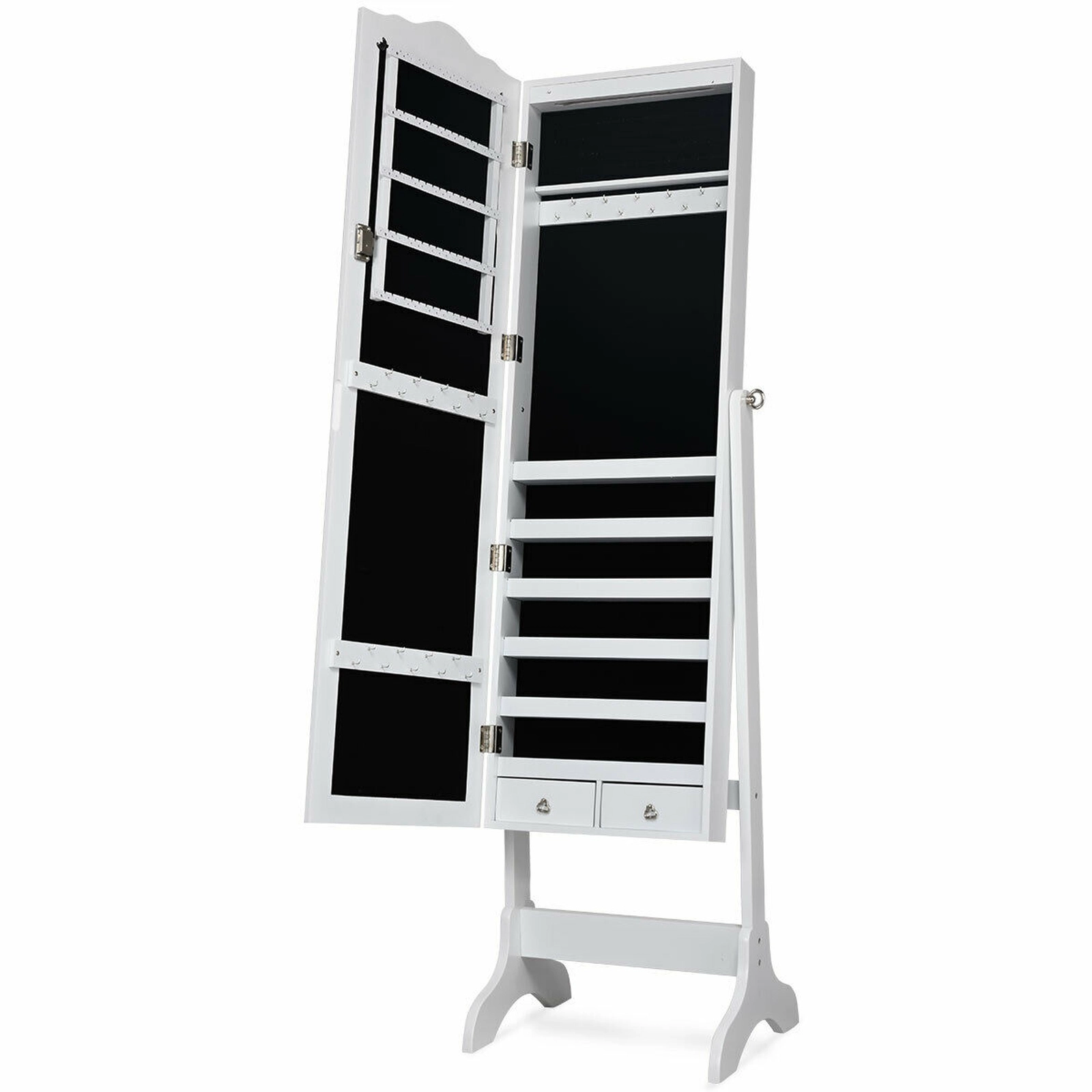 SUGIFT White 14-LED Jewelry Armoire Cabinet with Full-Length Mirror 4 Tilt Angles 48 Ring Slots and 29 Hooks