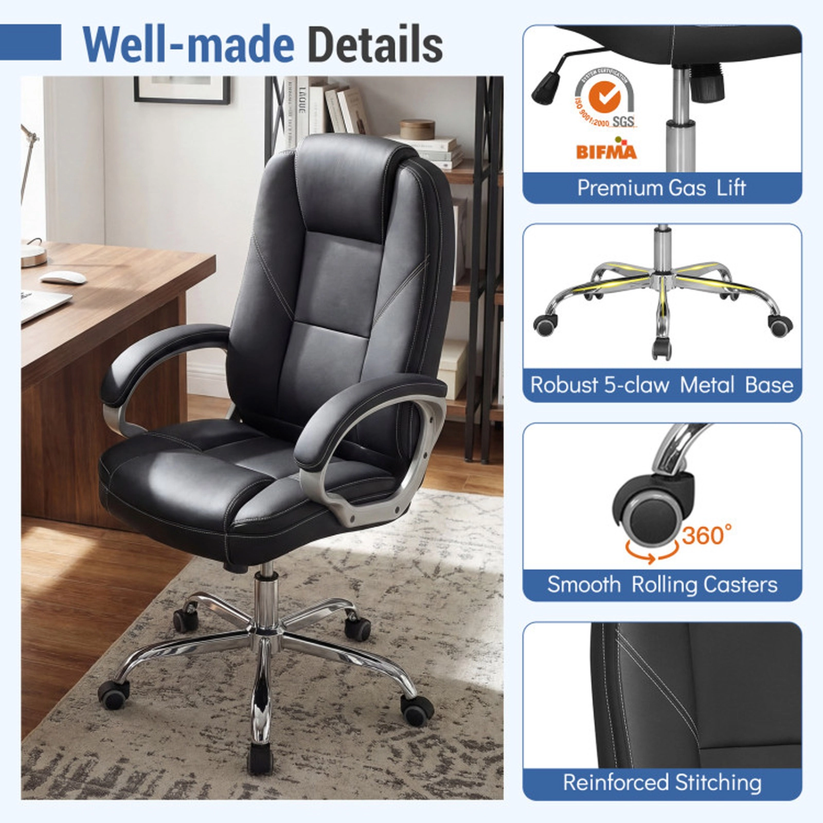 SUGIFT Ergonomic Leather Office Chair with Padded Armrests, Rocking Backrest and Adjustable Seat 300-lb Capacity Black