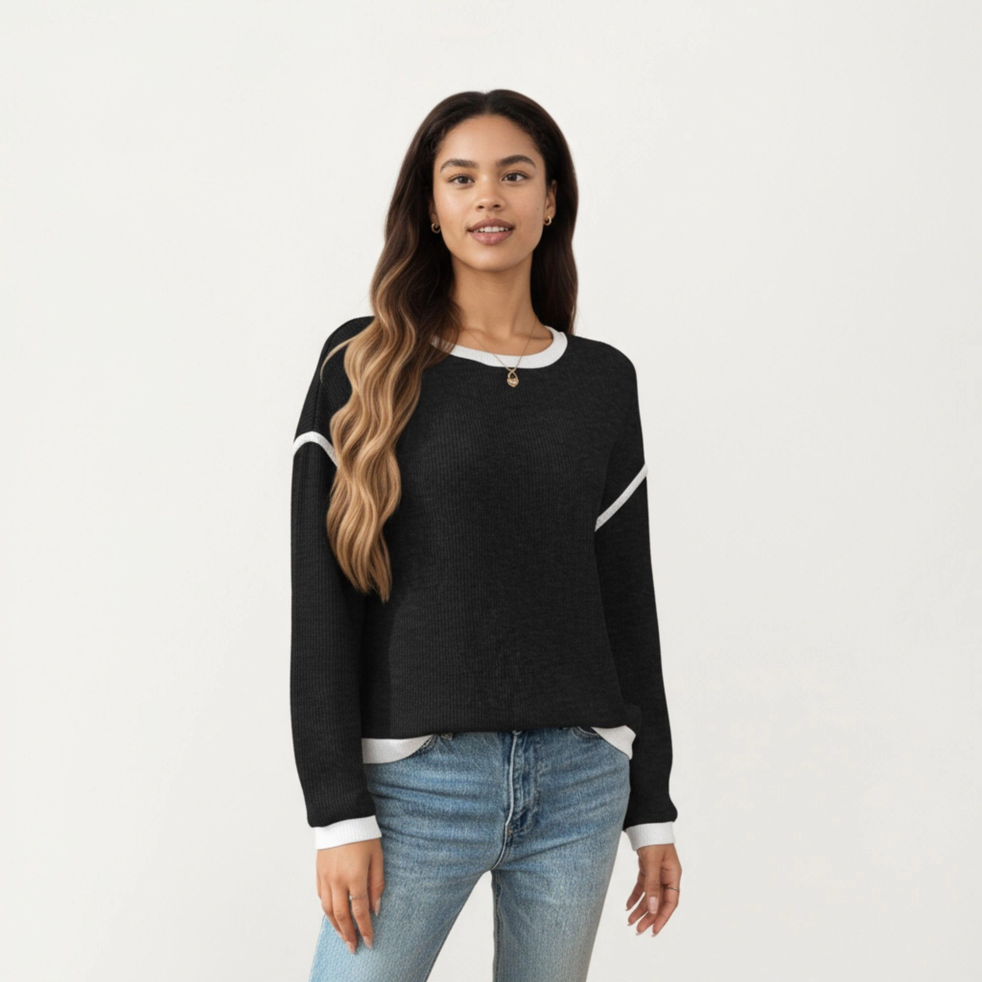 Anna-Kaci Women's Contrast Trim Relaxed Fit Long Sleeve Knit Top