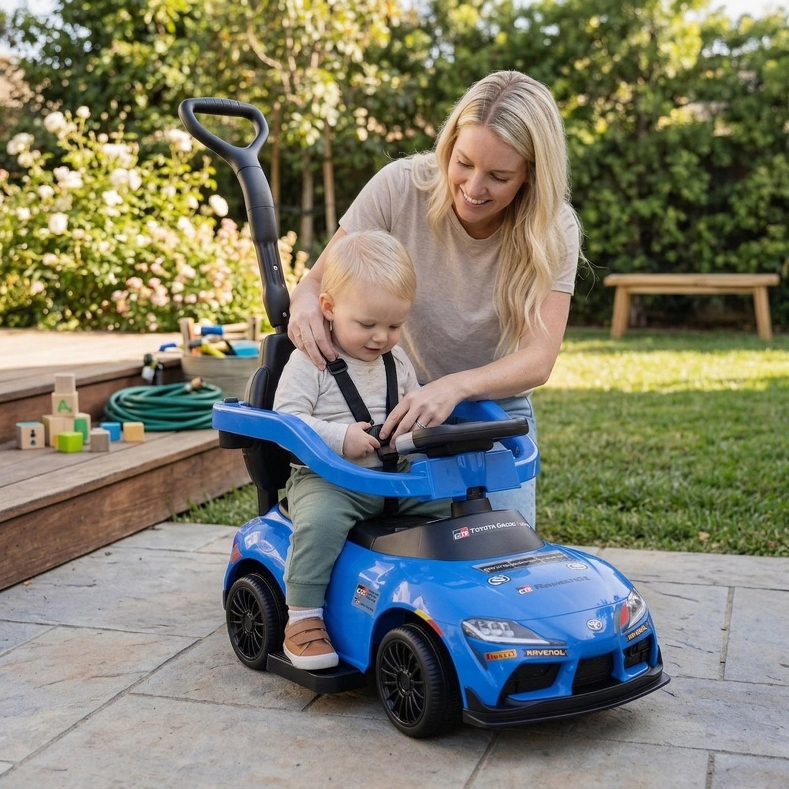 3-in-1 Toddler Push Car Parent Handle Guardrail Anti-Tip Kit One-Click Mode Switch Ages 1.5-5 Blue Ride On Toy