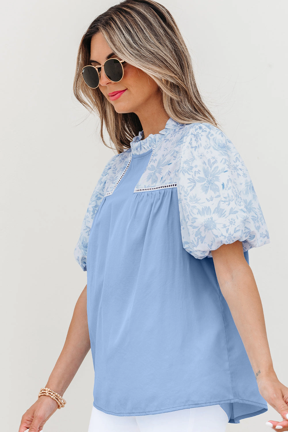Threaded Pear Women's Saanvi Lace Floral Puff Sleeve Loose Blouse