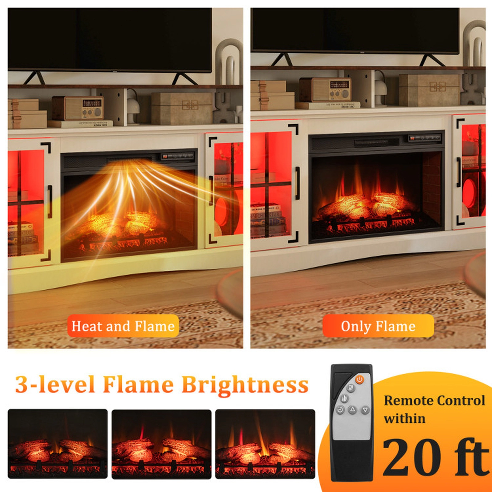 SUGIFT 1400W Electric Fireplace RGB LED Lights TV Stand 58-in x 16-in x 31.5-in 225-lb Capacity 50-in TV White
