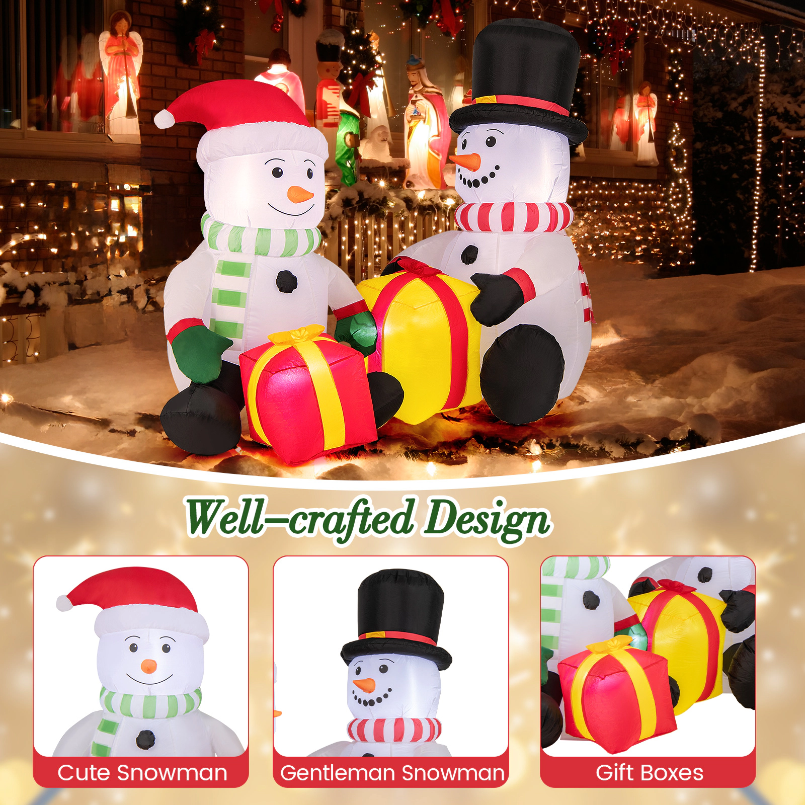 SUGIFT Multicolor 5 Feet Christmas Inflatable with 2 Snowmen Gift Boxes and LED Lights 79-in W 43.5-in D