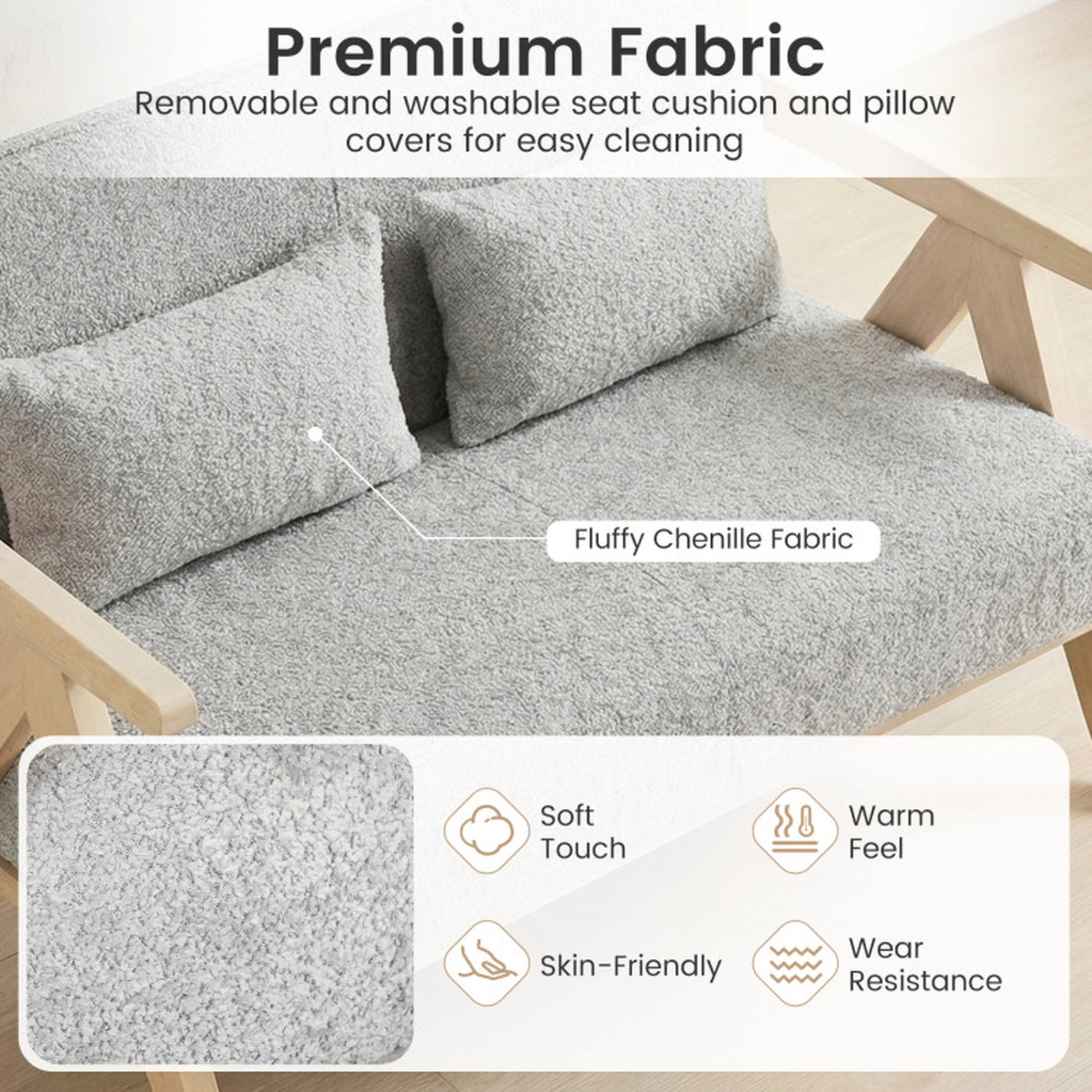 SUGIFT Gray Pocket Springs Rubber Wood Frame and 2 Pillows Loveseat Sofa for Small Spaces