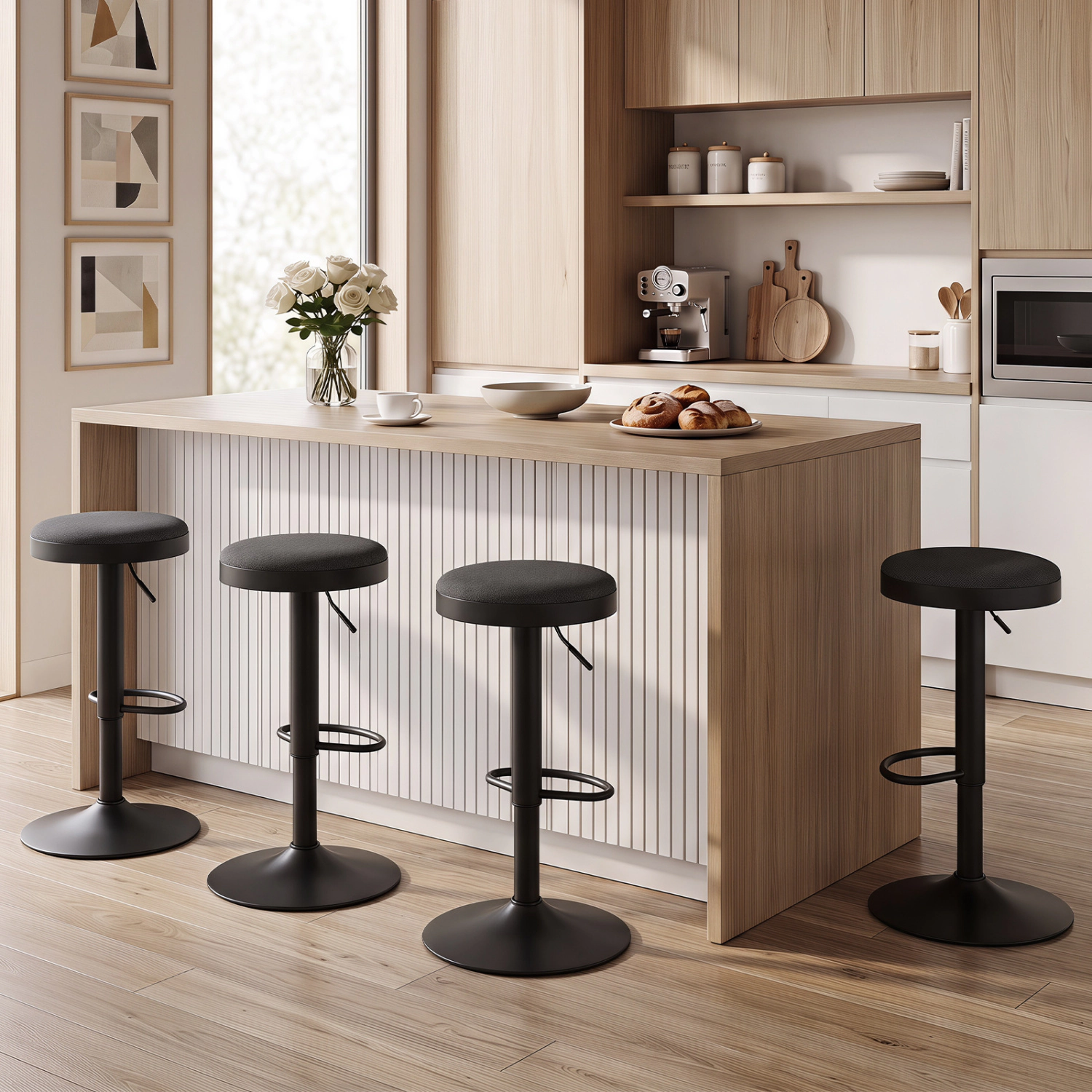 LJG Set of Kitchen Bar Stools with Height Adjustment Padded Seat and D-Shaped Footrest