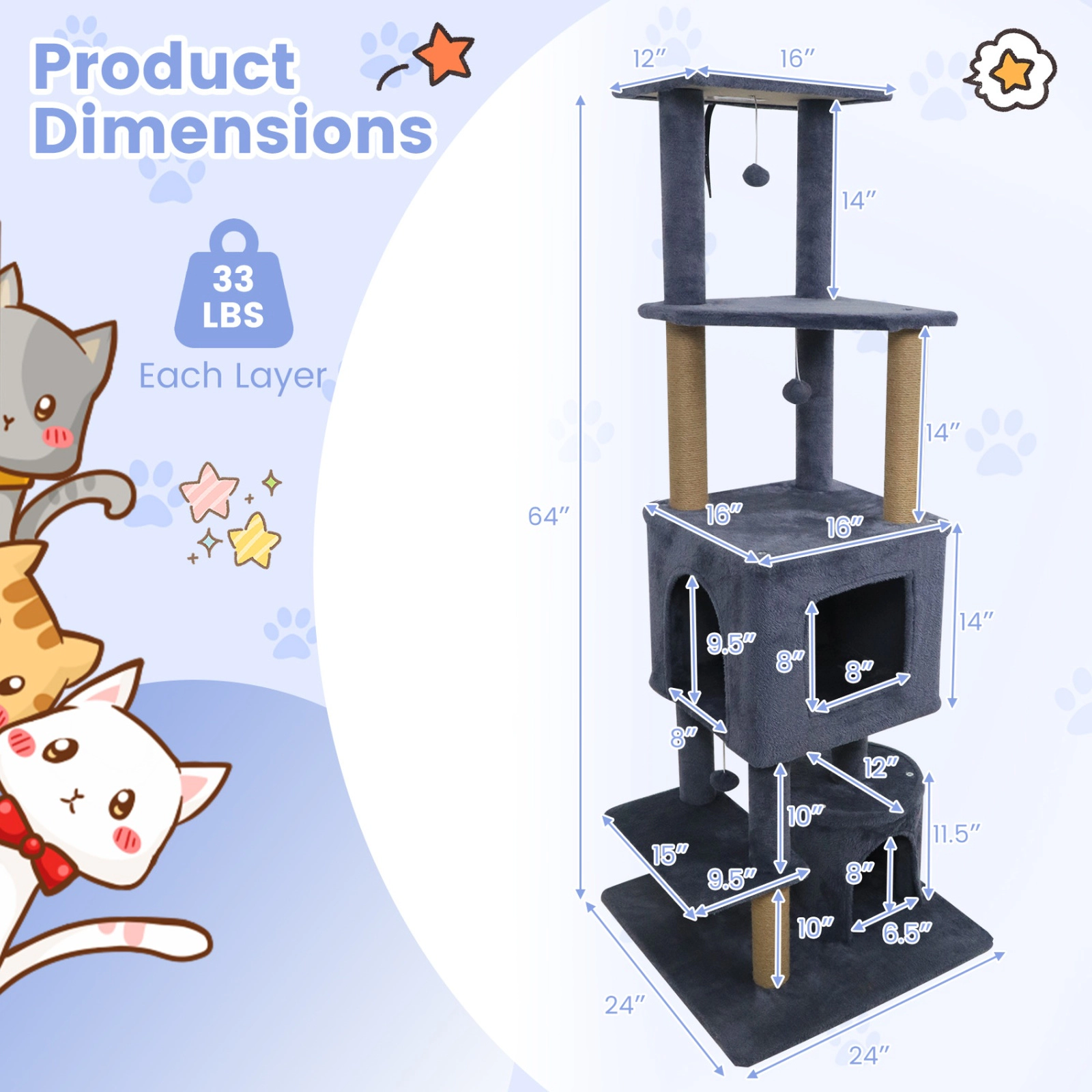 SUGIFT 64-in Dark Grey Cat Tree Tower with 2 Large Condos 5 Climbing Levels and Wall Anchor for Cats