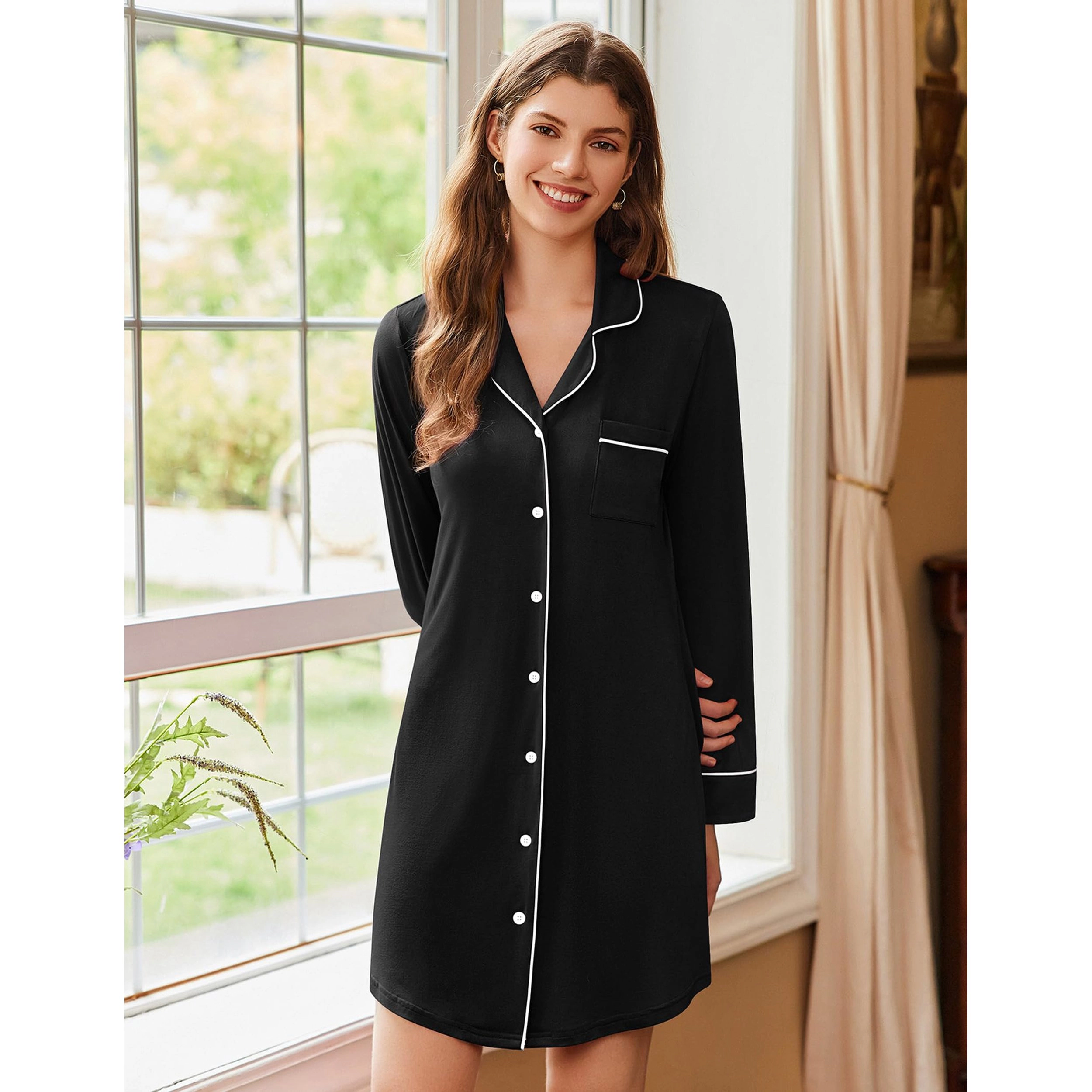 Ekouaer Women's V Neck Long Sleeve Button Down Sleepshirt Nightdress