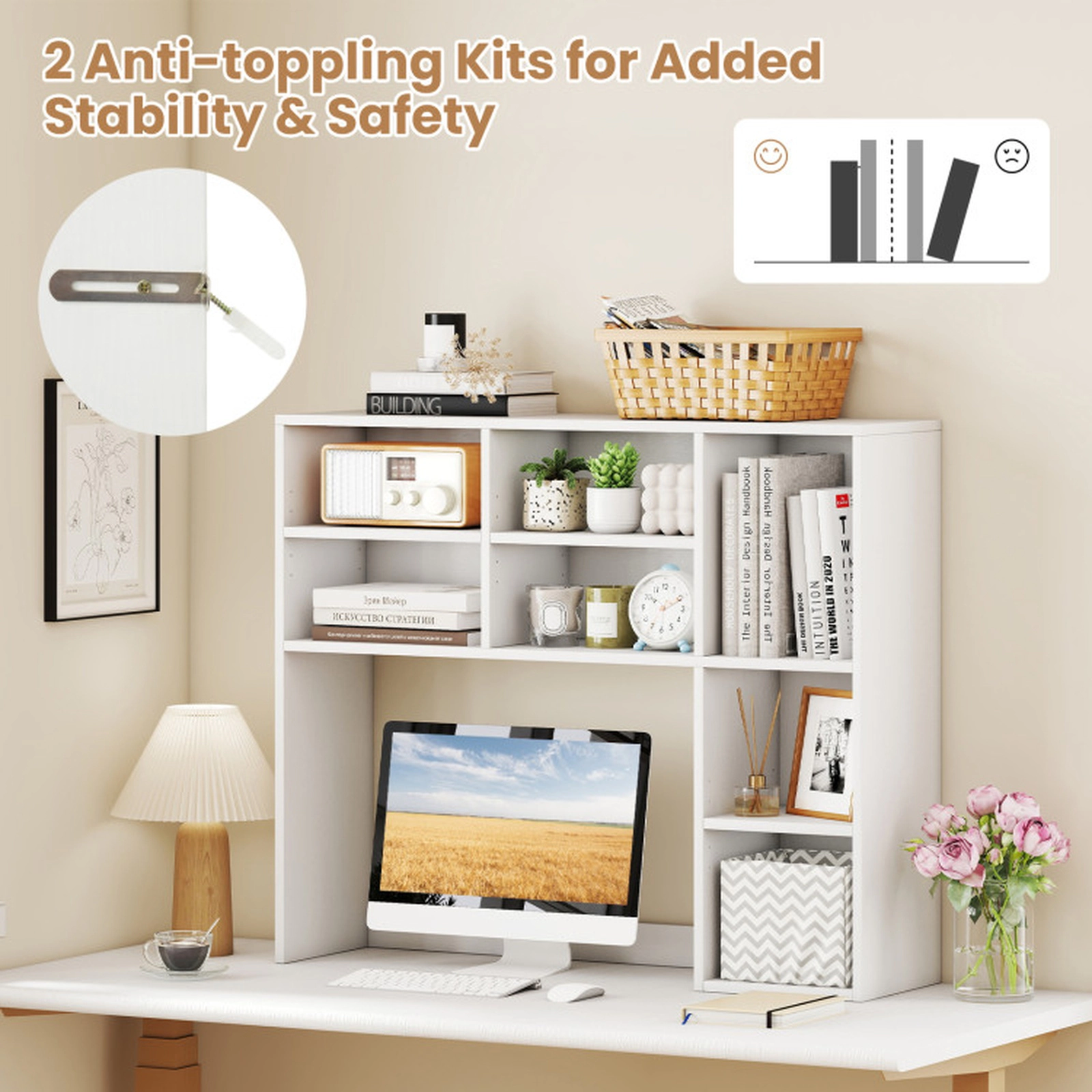 SUGIFT White Desktop Bookshelf with 7 Open Cubbies and 3 Adjustable Shelves