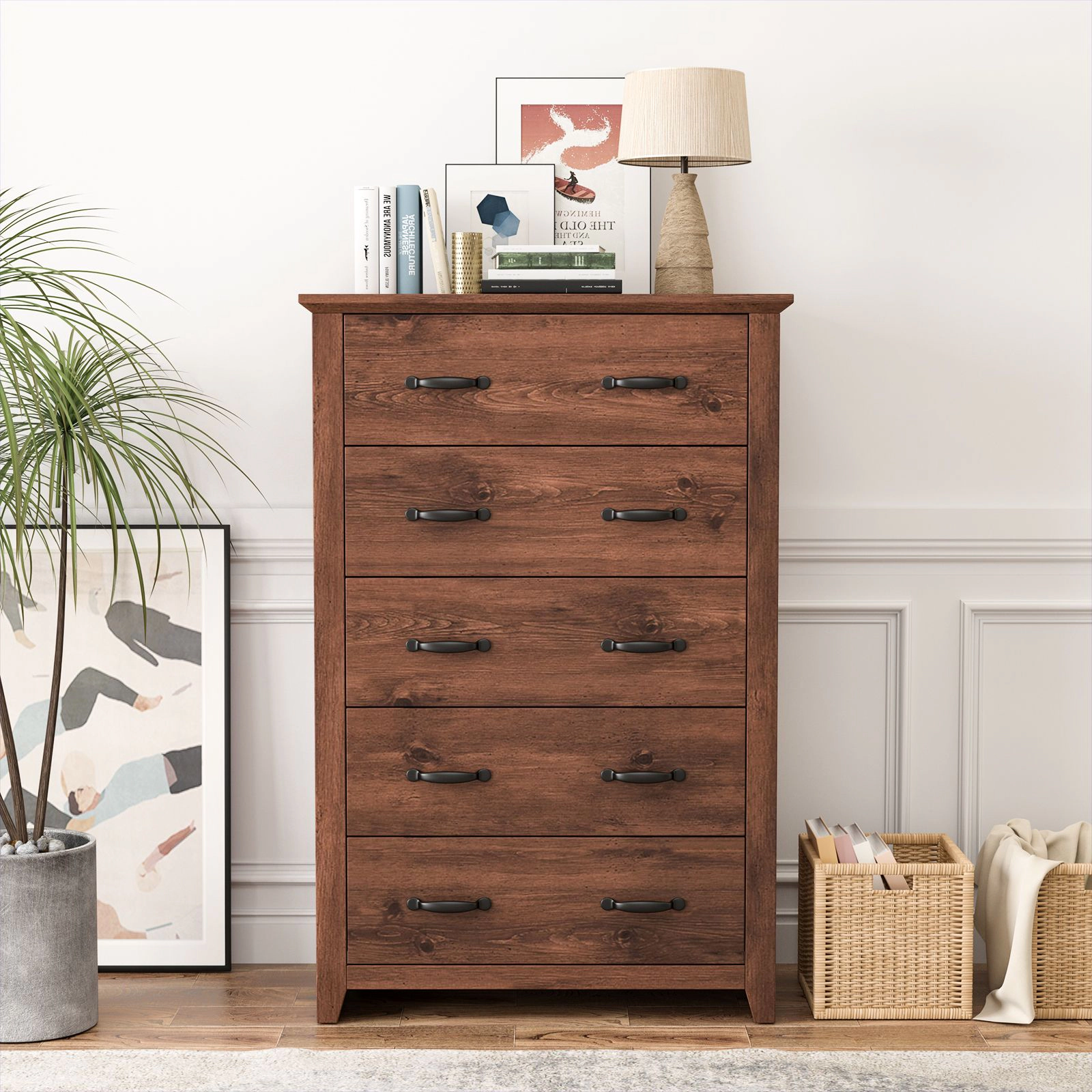 SlickBlue 5 Drawer Storage Dresser Cabinet with Wooden Grain Design