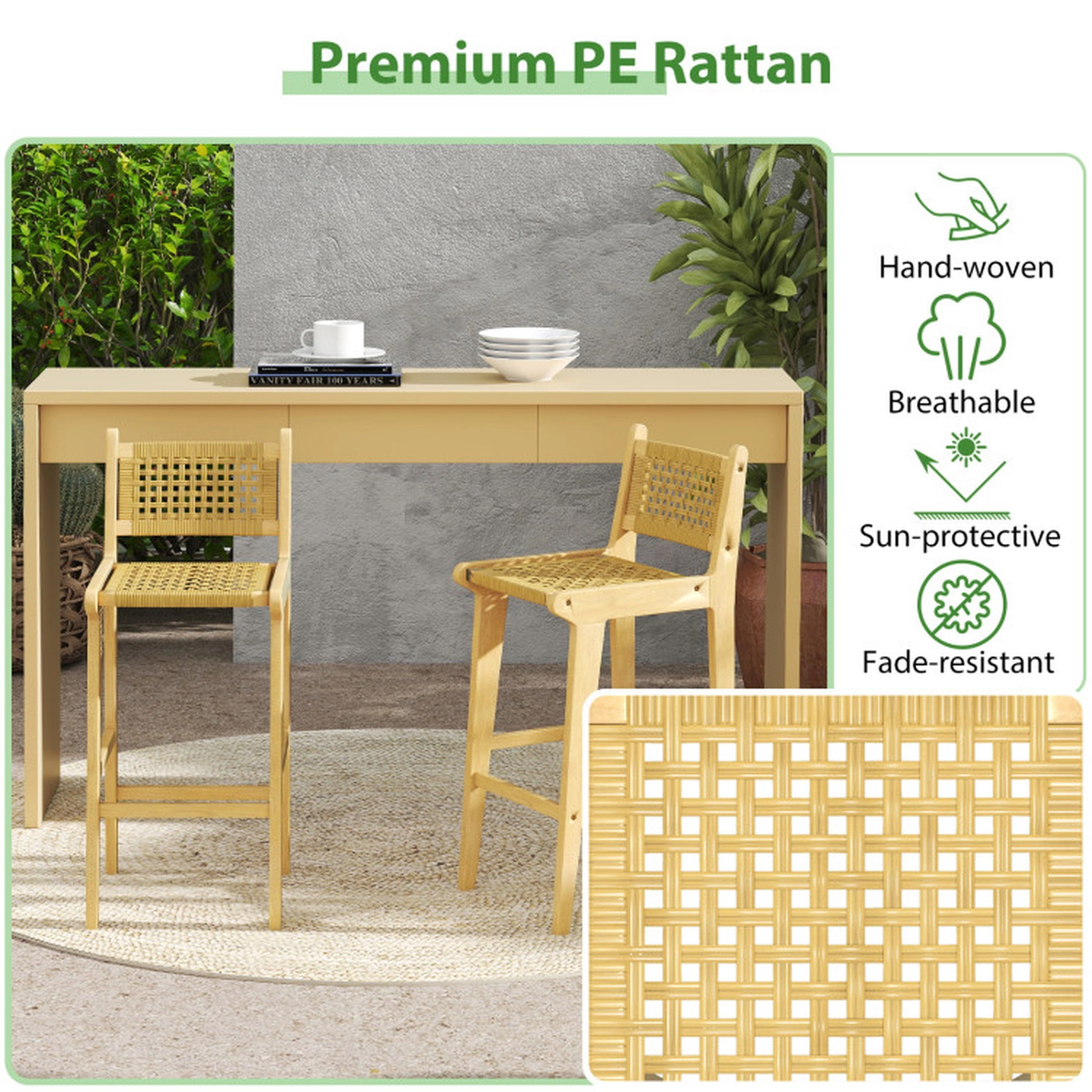 SUGIFT 29.5-in Bar Height Teak Patio Bar Stool, Woven Rattan, Foot Rail, 350-lb Capacity