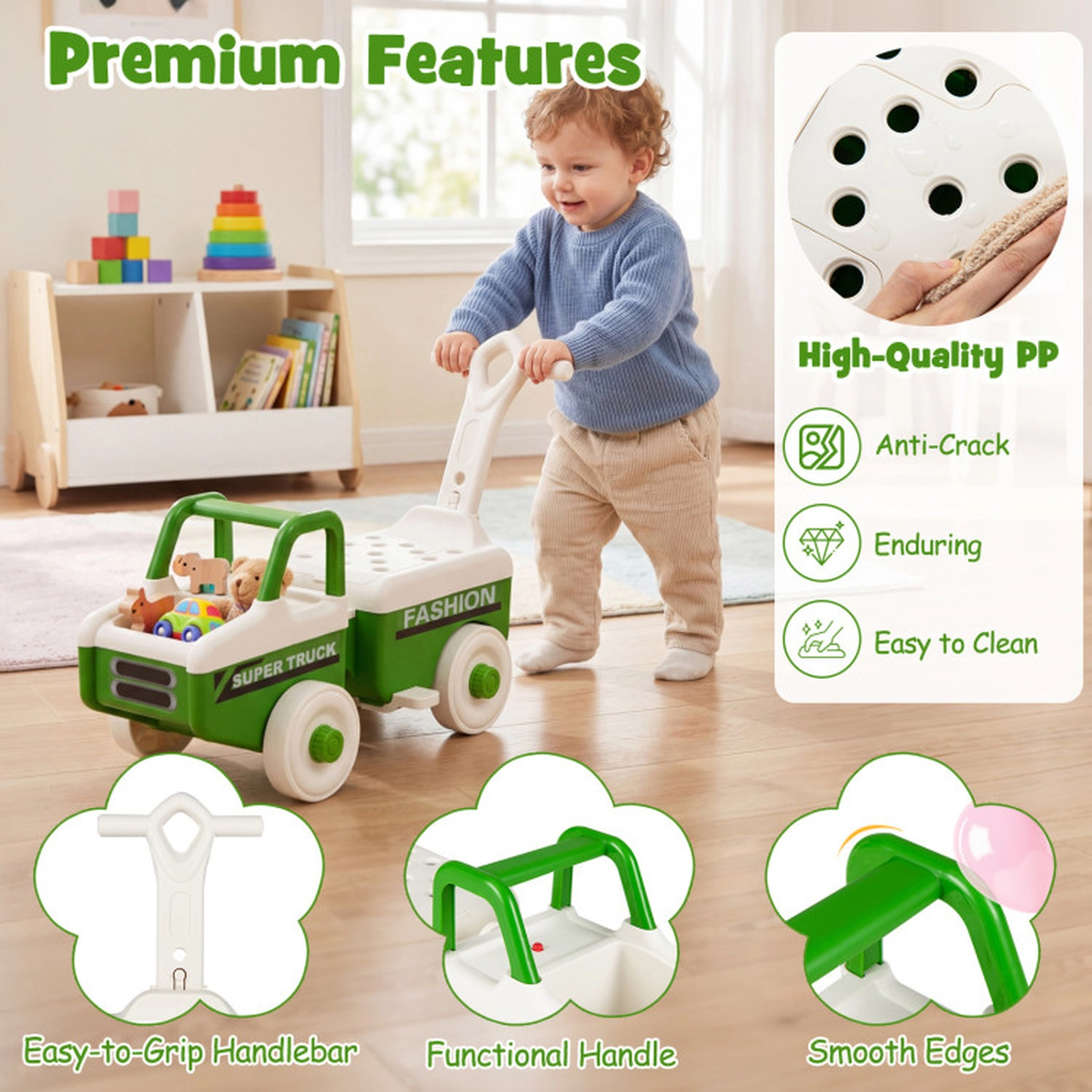 SUGIFT 4-in-1 Ride-On Push Car Foot-to-Floor Ride-On & Baby Push Walker with Music Under-Seat Storage & Trailer 45-lb