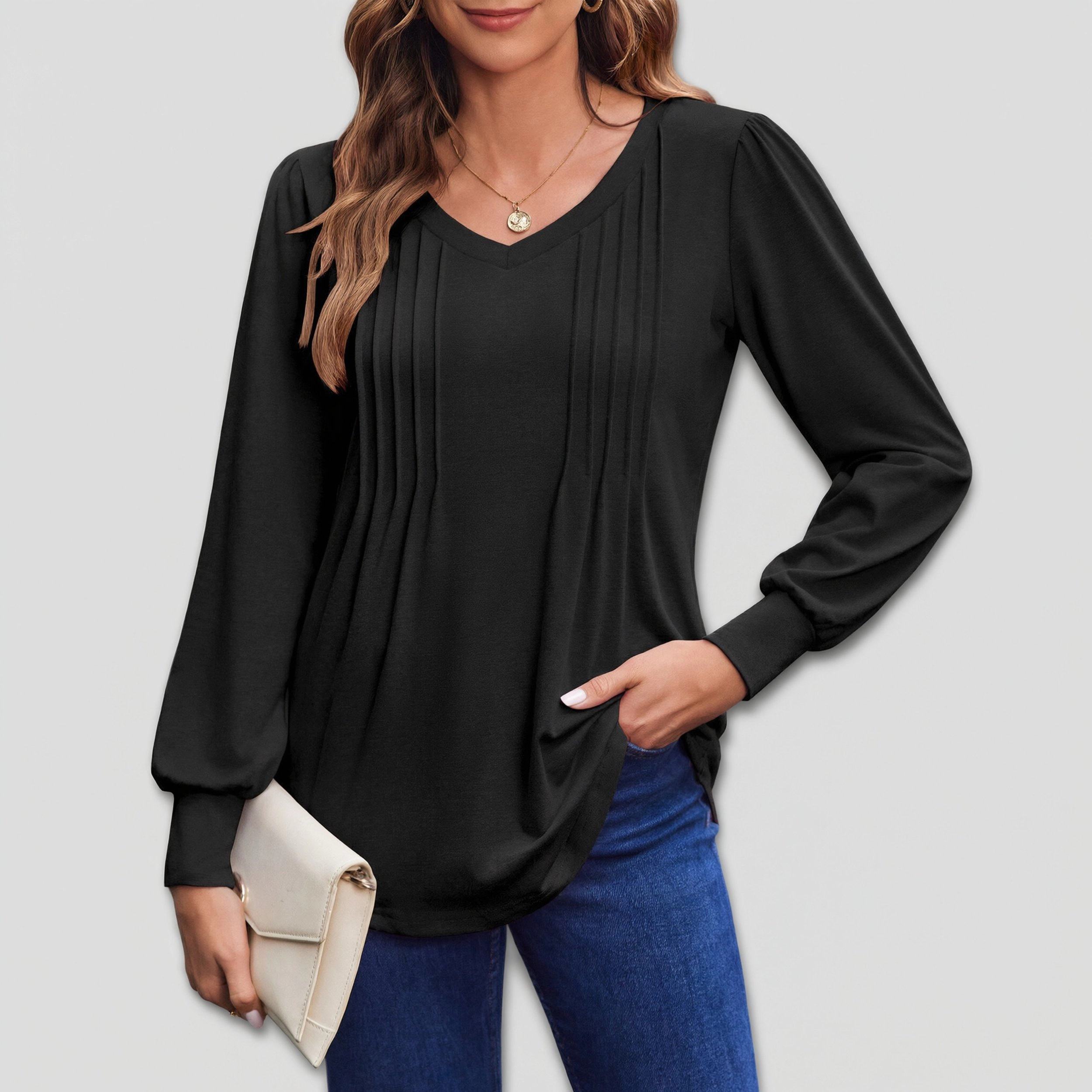 Zeagoo Women Puff Sleeve V Neck Tunic Top