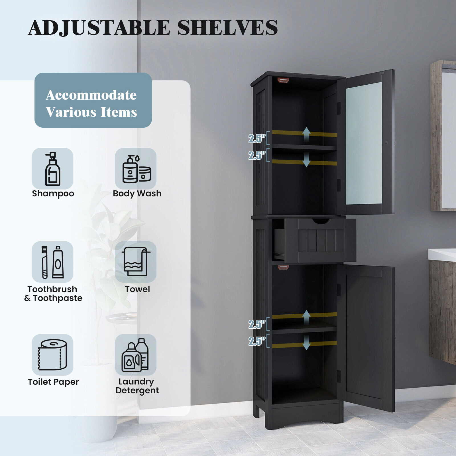 Glintex 67-Inch Slim Storage Cabinet with 2 Glass Doors and 1 Drawer