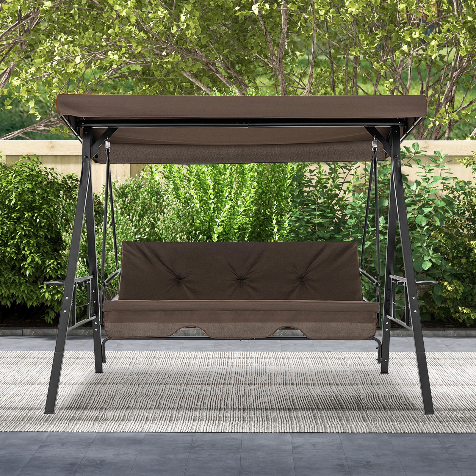 SUGIFT Convertible 3-Seat Patio Porch Swing Chair to Flat Bed with Adjustable Canopy 1000-lb Capacity Brown