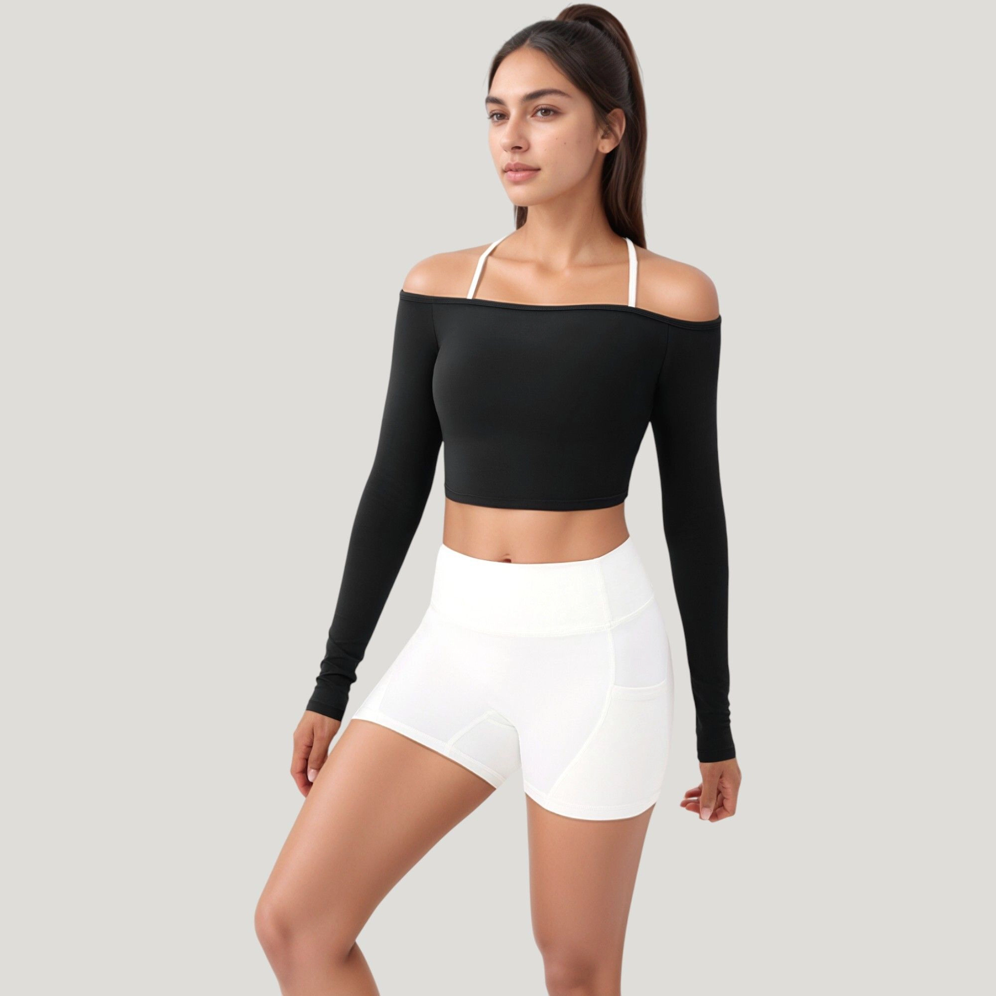 Anna-Kaci Women's Off Shoulder Long Sleeve Activewear Crop Top with Streamlined Fit and Lightweight Stretch Fabric